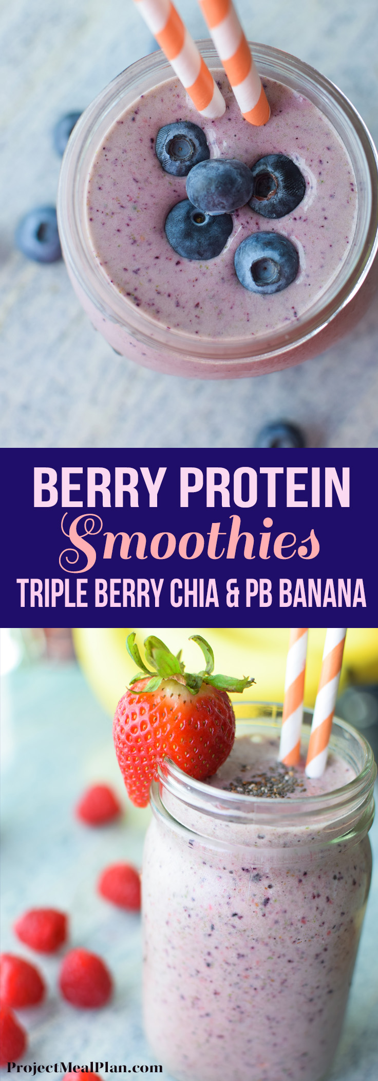 Berry Protein Smoothies Two Ways - Recipes for triple berry chia and PB banana smoothies! yummy & protein filled :) - ProjectMealPlan.com