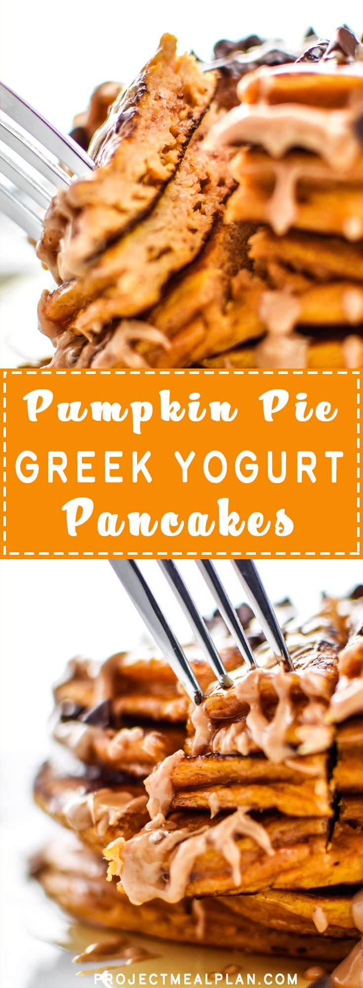 Pumpkin Pie Greek Yogurt Pancakes - Moist and delicious fall breakfast treat! Make-ahead and fridge friendly! - ProjectMealPlan.com