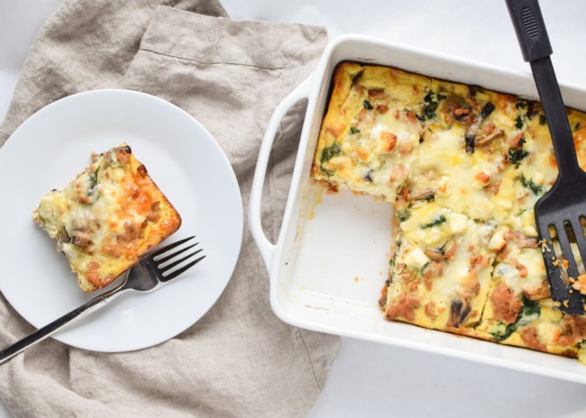 Spinach Feta Chicken Sausage Breakfast Casserole with Sweet Potato