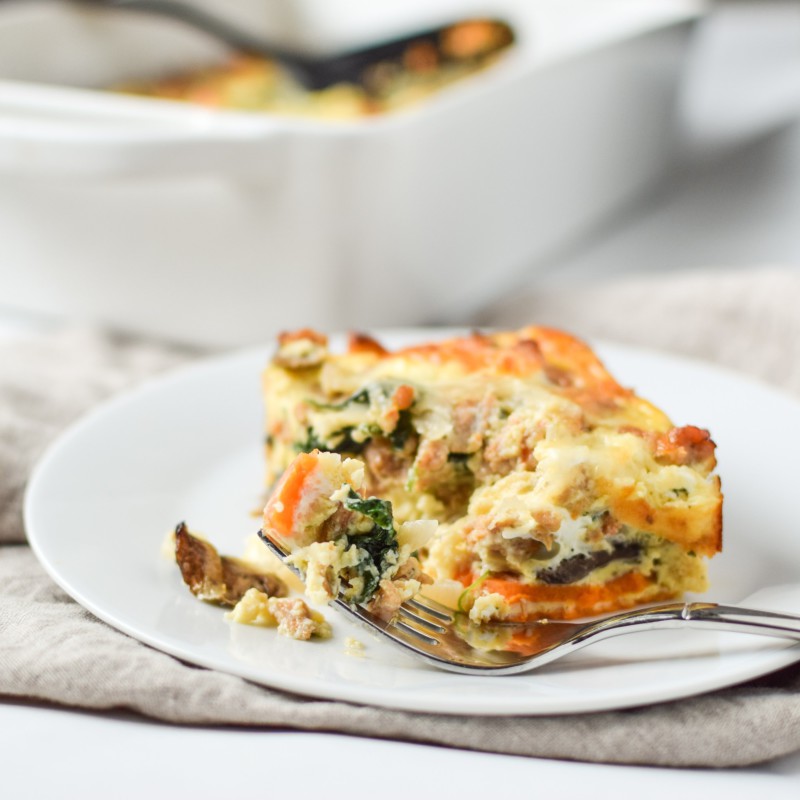 Spinach Feta Chicken Sausage Breakfast Casserole with Sweet Potato