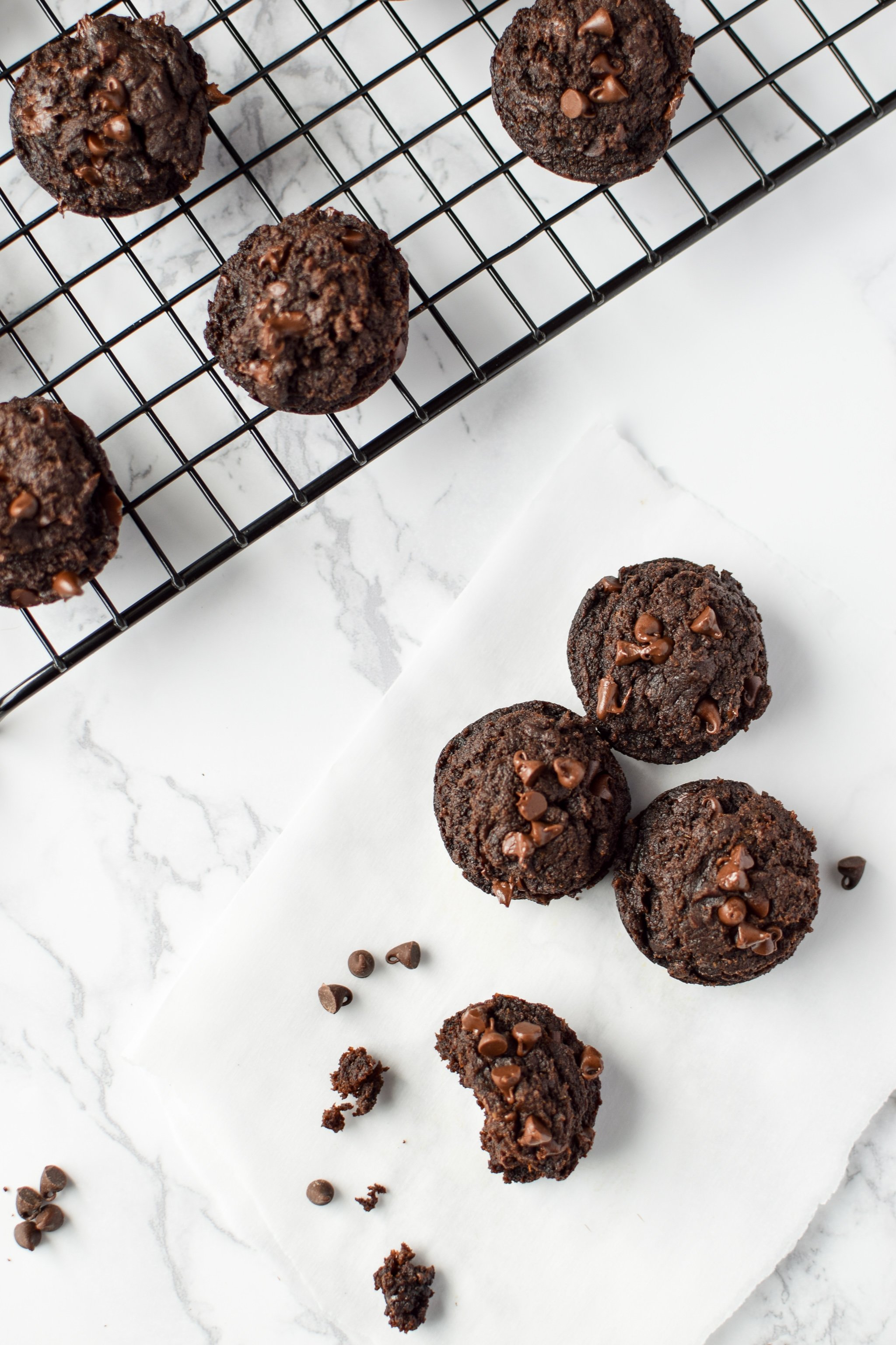 Freezer Friendly Sweet Potato Brownie Bites on a cooling rack.