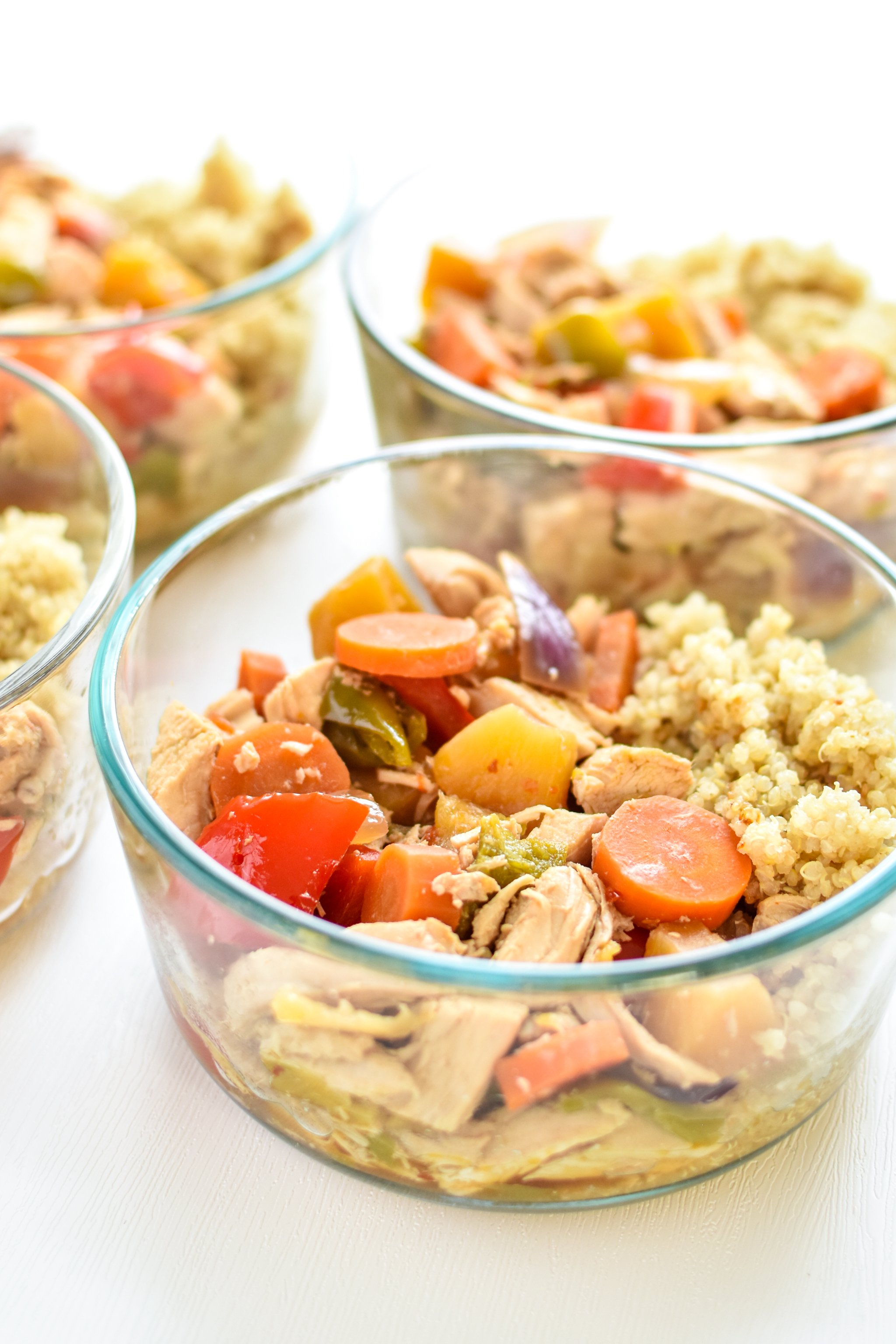 Meal Prep Slow Cooker Chicken Teriyaki Quinoa Bowls - Meal prep a healthy version of a takeout favorite! Four meals ready for the week, with chicken, veggies and quinoa. - ProjectMealPlan.com