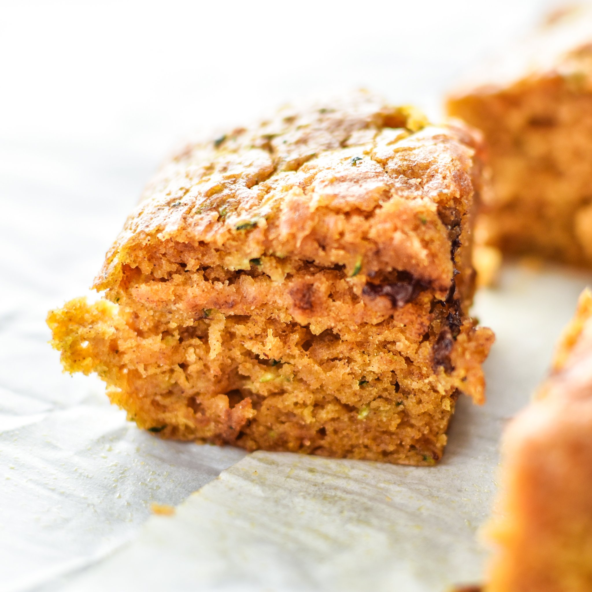 A piece of zucchini bread cut into a square.