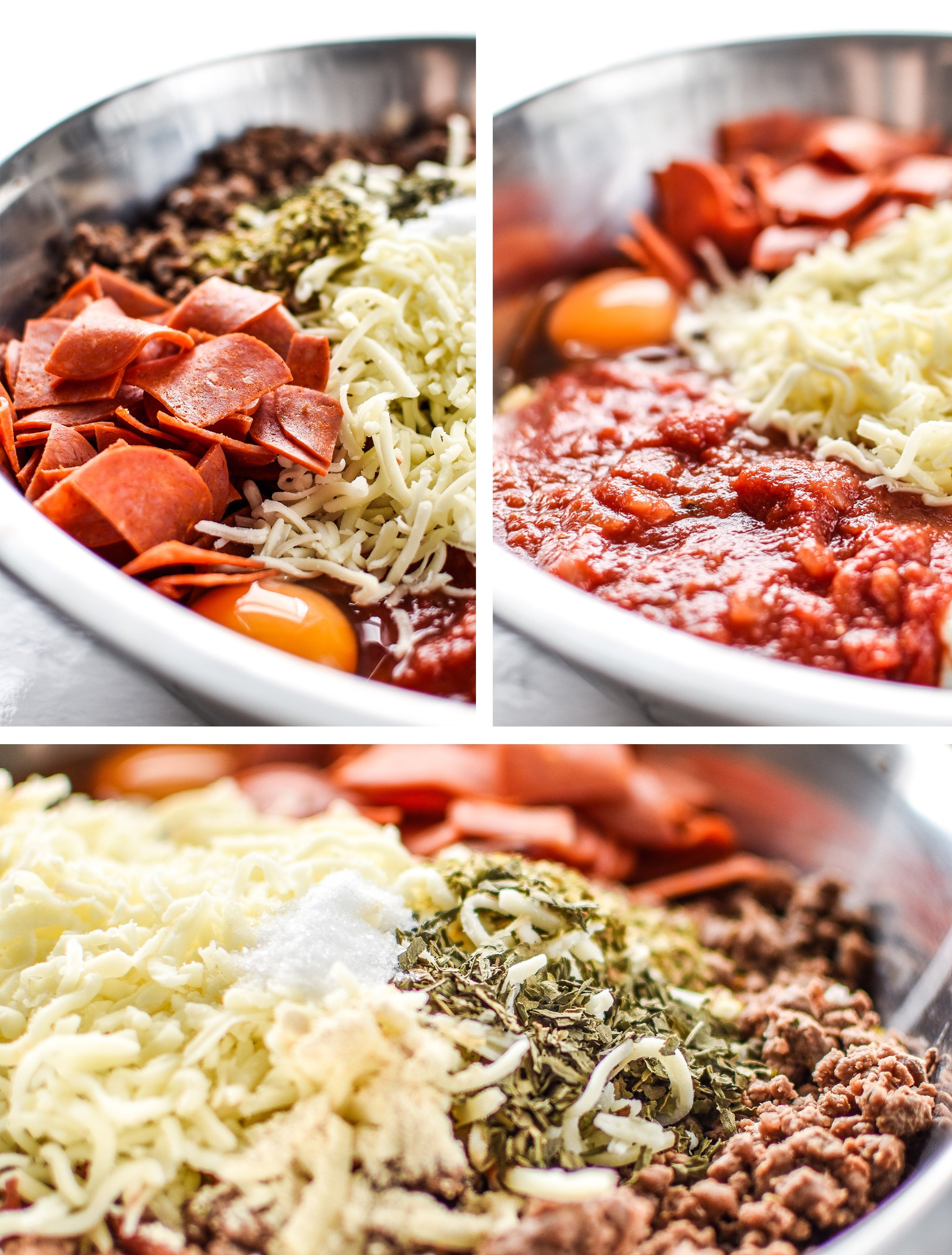 All the ingredients for the Meat Lover's Spaghetti Squash Pizza Casserole - It's pizza, but morphed into a not-that-bad-for-you spaghetti squash casserole with meat lover's toppings! - ProjectMealPlan.com