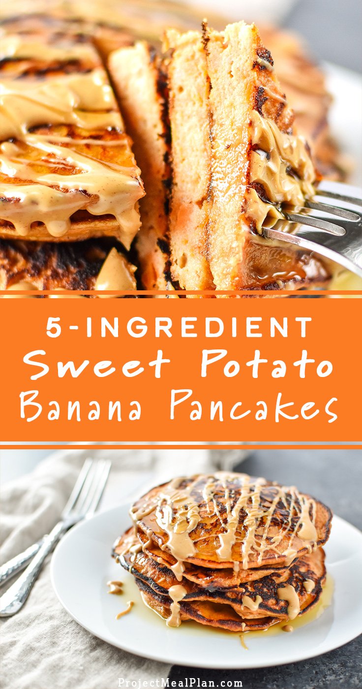 5-Ingredient Sweet Potato Banana Pancakes - Banana, sweet potato, nut butter, eggs and cinnamon are all you need to make these simple pancakes happen. #sweetpotato #pancakes #bananapancakes - ProjectMealPlan.com