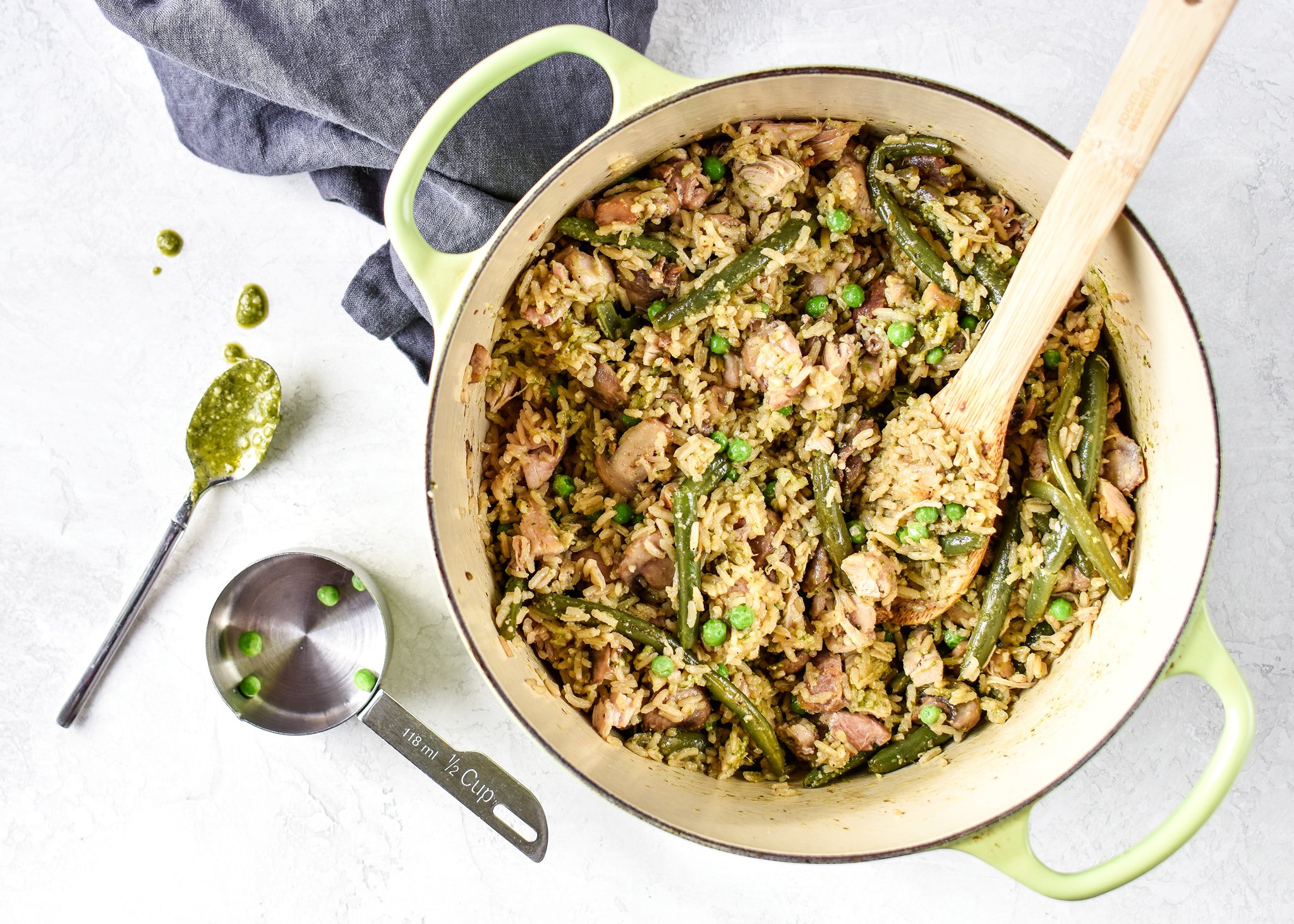 one pot pesto chicken and rice in a dutch oven