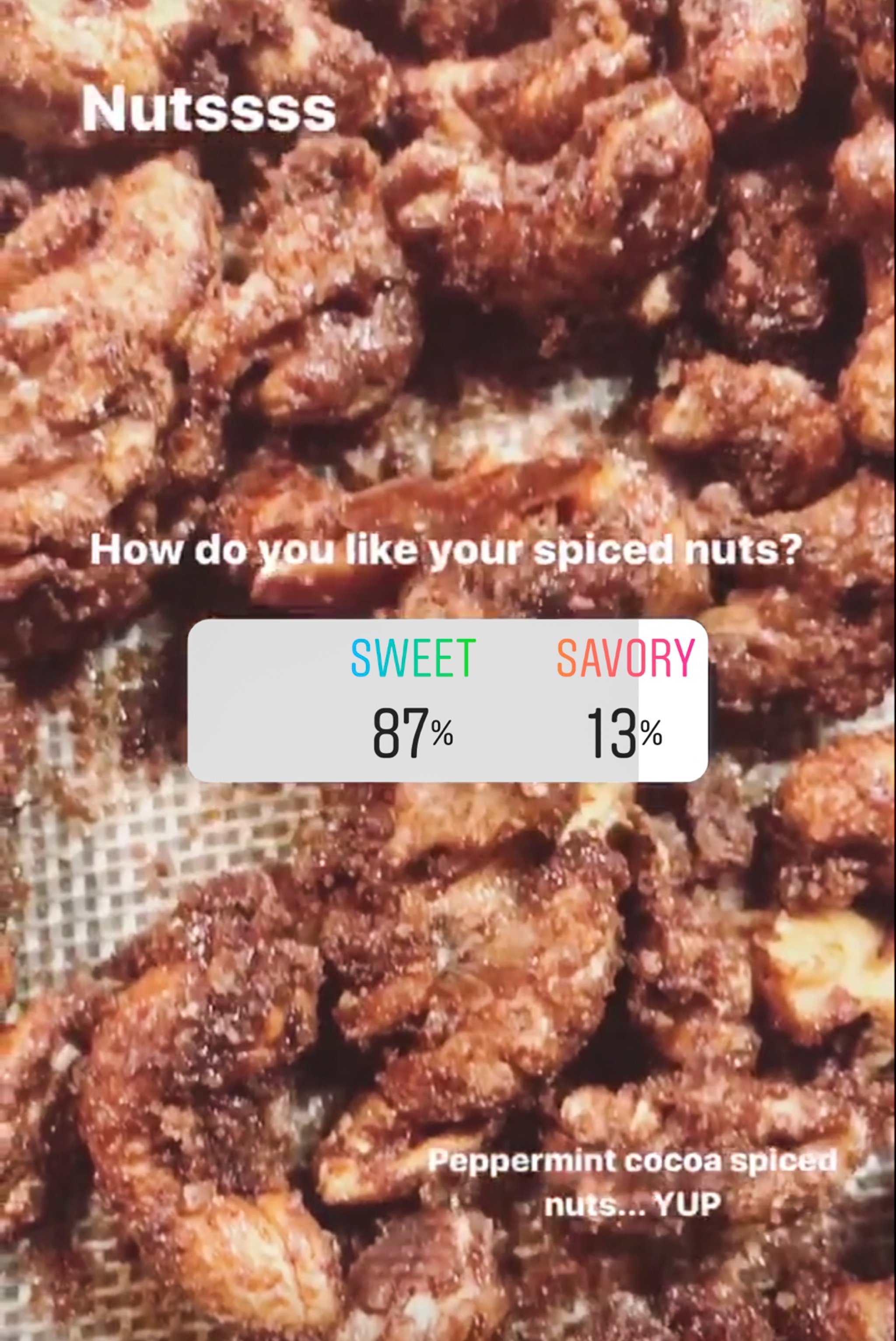 Survey results: How do you like your spiced nuts? 87% Sweet, 13% Savory - Peppermint Cocoa Roasted Nuts, made with cashews and almonds!