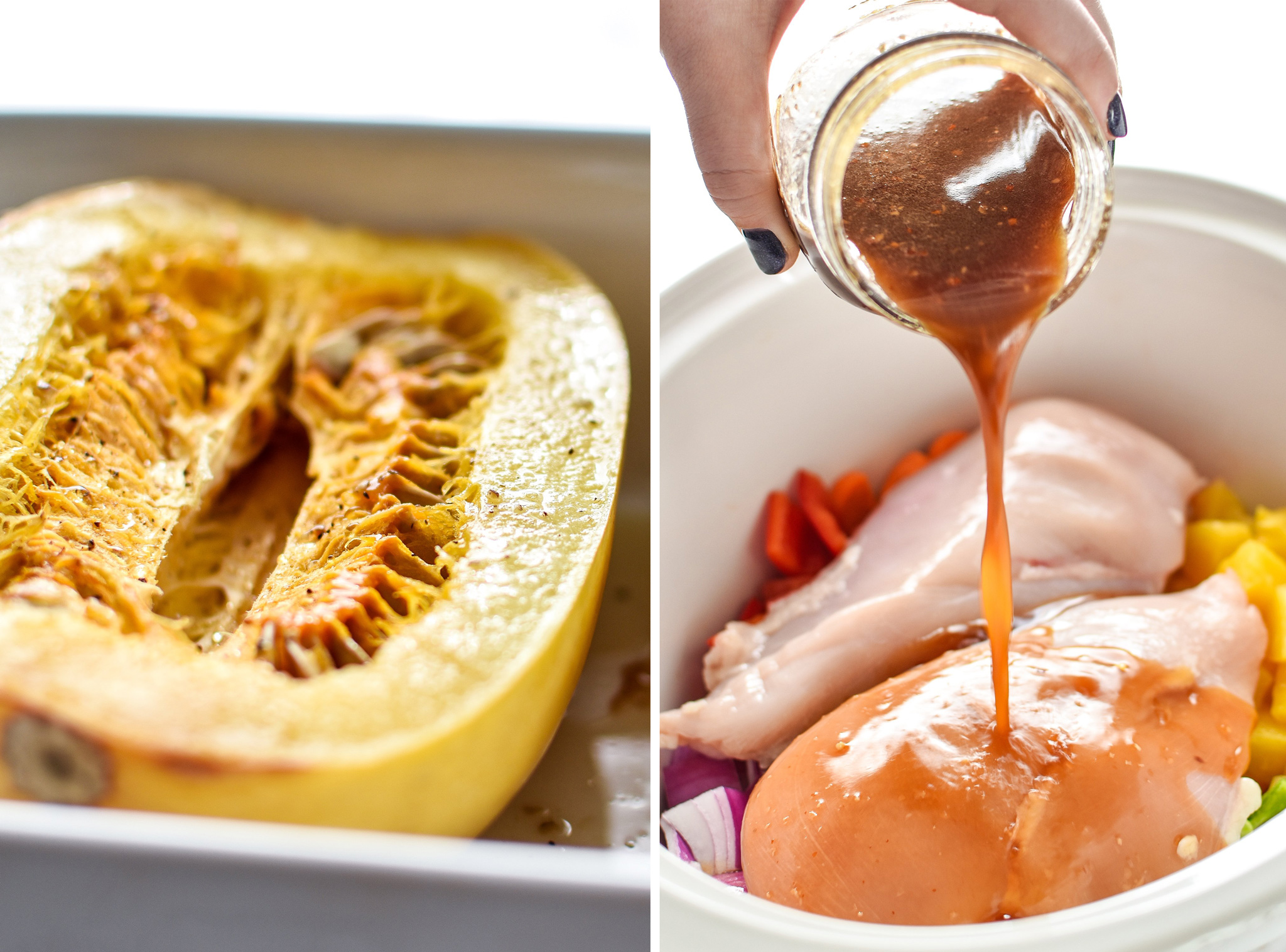 Two photos: On the left is a spaghetti squash baked fresh out of the oven. On the right is a crock pot chicken teriyaki being prepped for cooking in the crock pot.