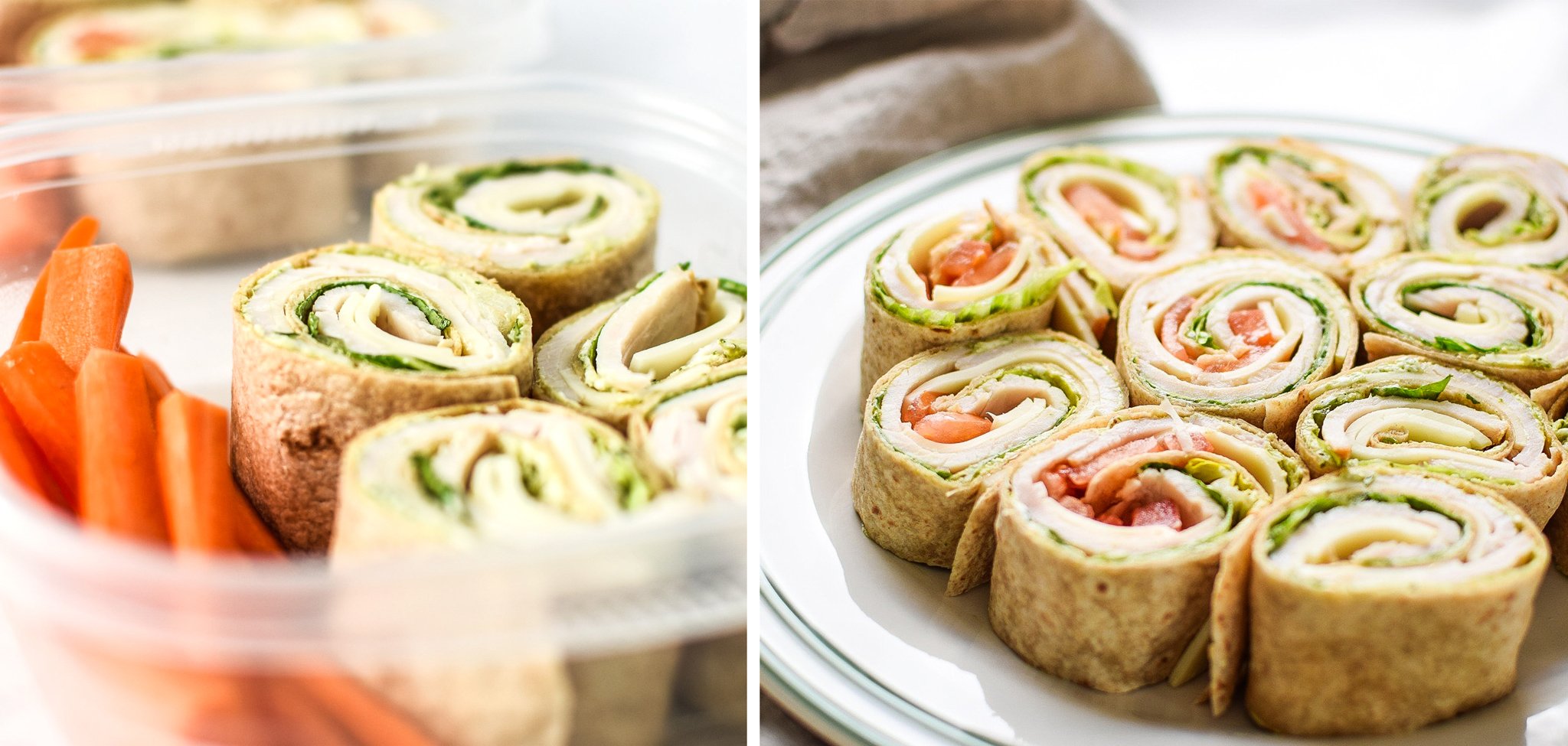 turkey pesto tortilla pinwheels prepped in lunch containers and made on a plate