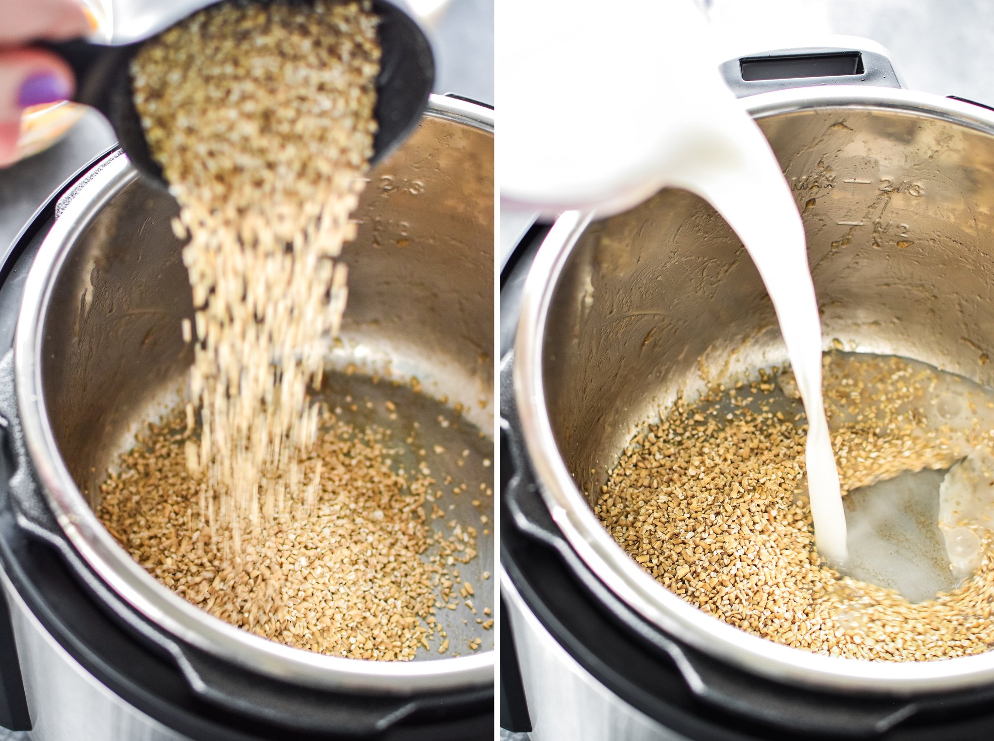 Left: Pouring steel cut oats into the Instant Pot. Right: Pouring milk and water liquid into the Instant Pot.