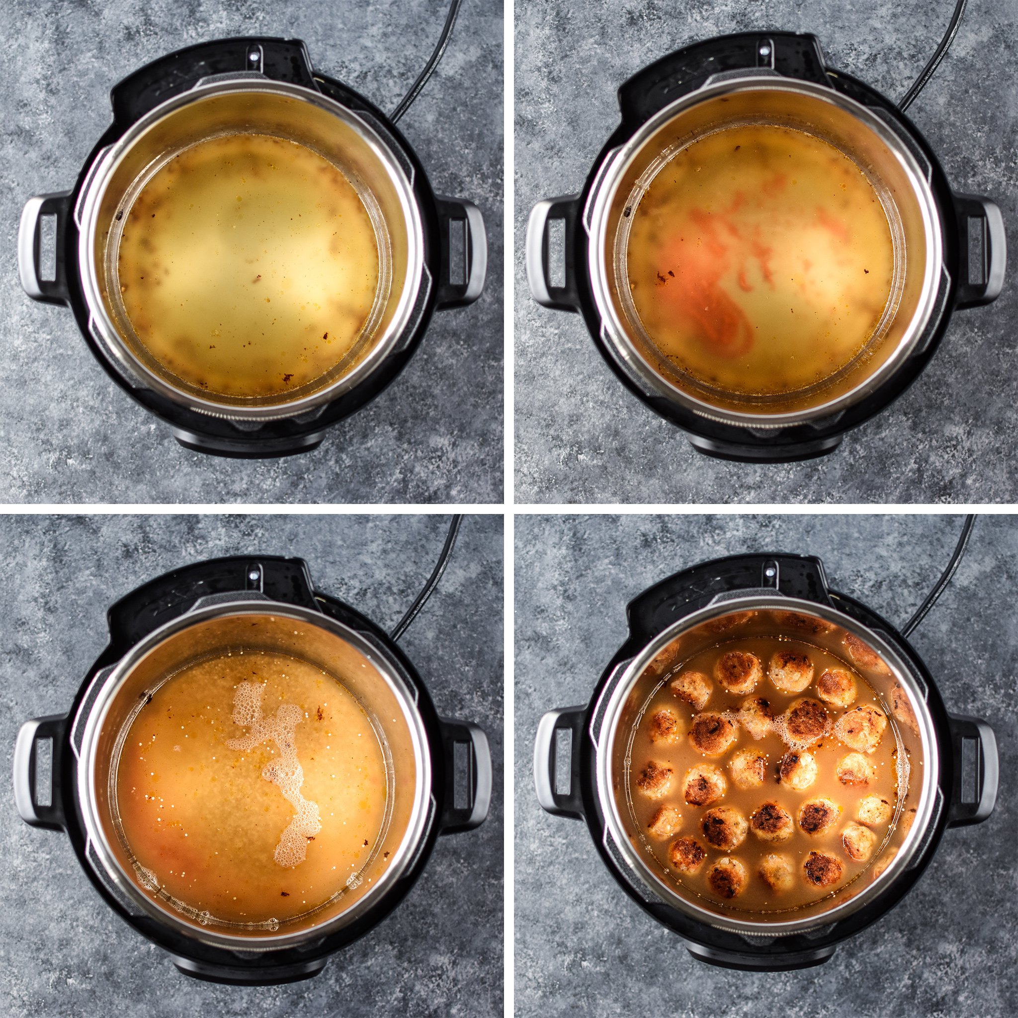 Four images of the Instant Pot from above, adding chicken broth, buffalo sauce, quinoa and browned meatballs.