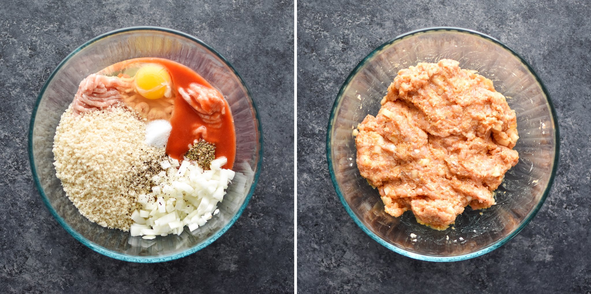 Raw chicken meatball mixture before and after mixing.