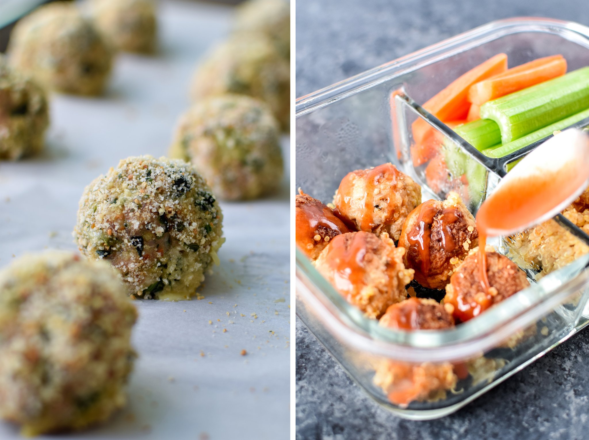 Spinach turkey meatballs on the left; buffalo chicken meatballs in a meal prep container on the right.