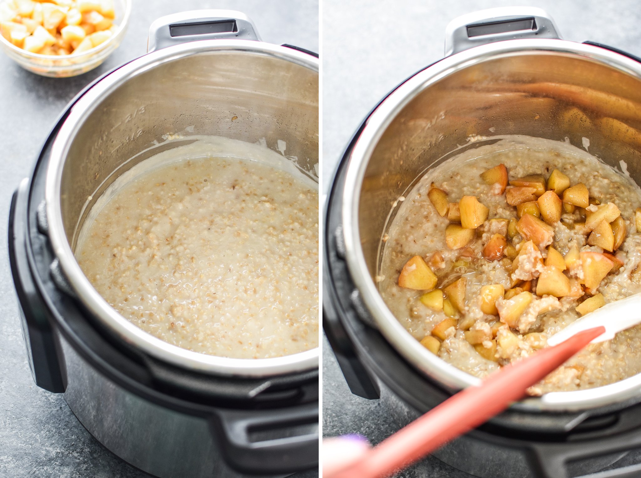 Left: Cooked oatmeal inside the instant pot. Right: Adding cooked apples to the Instant Pot oatmeal.
