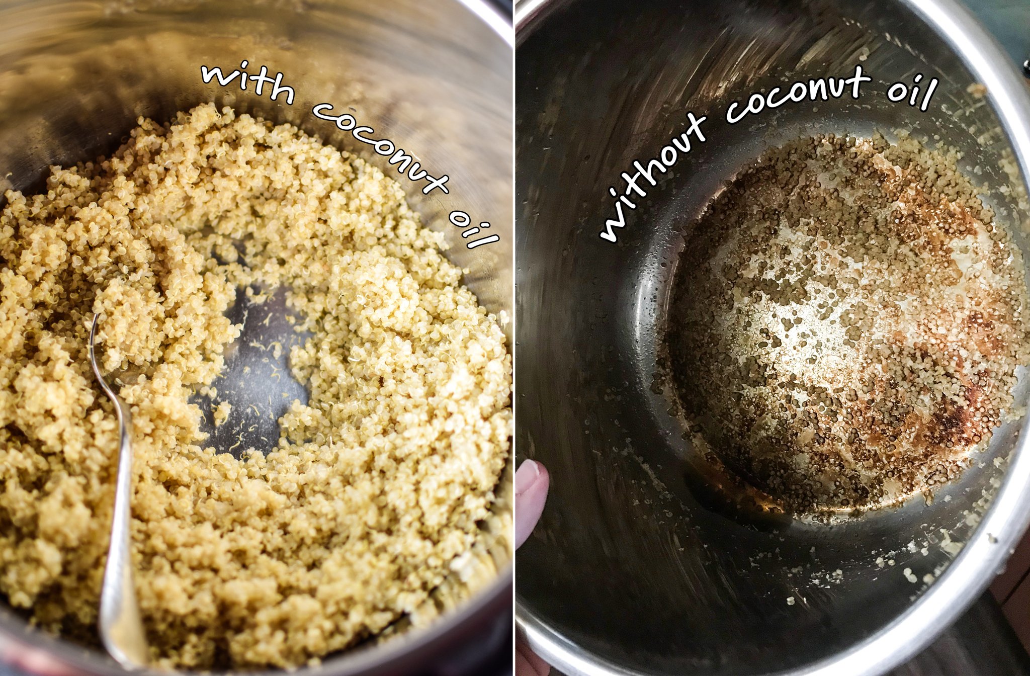 Two images showing the difference on the bottom of the pan when you use coconut oil versus when you don't. The left side without coconut oil is a bit more brown and dirty looking.