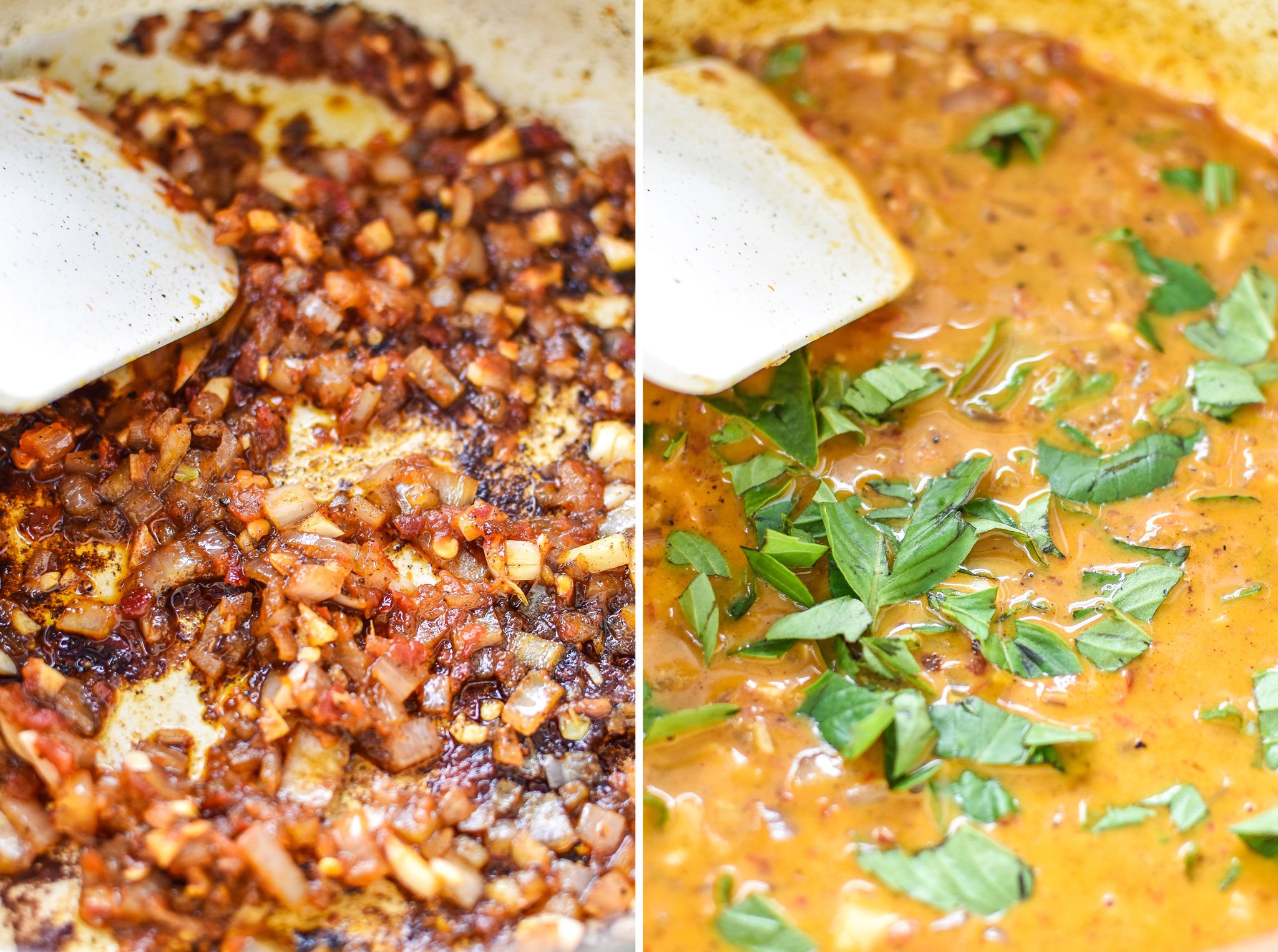 Left: Shallots, garlic and chili paste cooking in a Dutch Oven. Right: Coconut milk and lime with the shallot and garlic mixture.