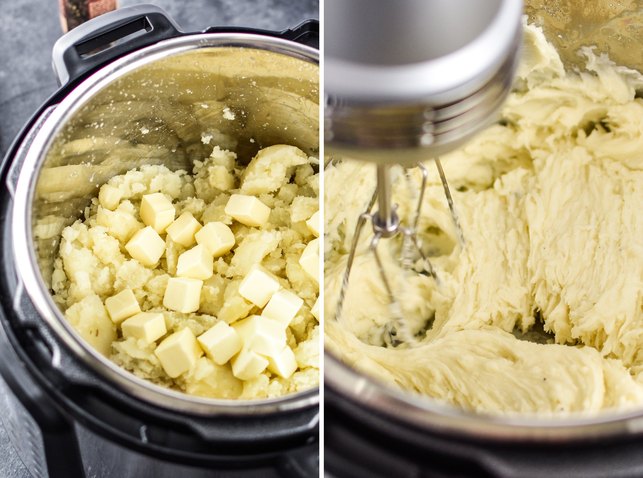 Mashed potatoes being mixed with a hand mixer.