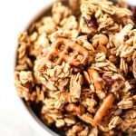 A bowl of super clumpy nut free free snack mix granola.
