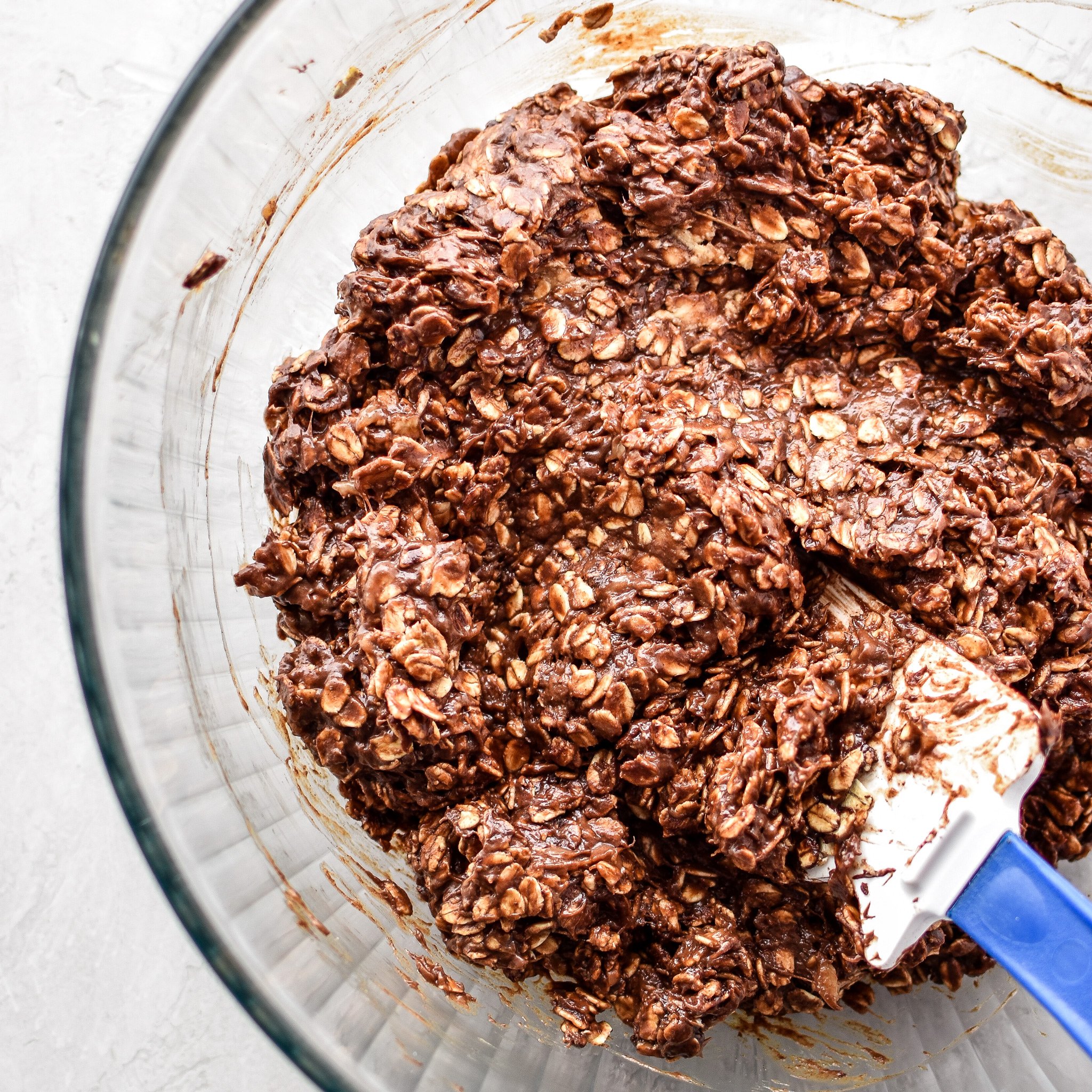 The final raw mixture of batter for the Banana Chocolate Oatmeal Mounds.