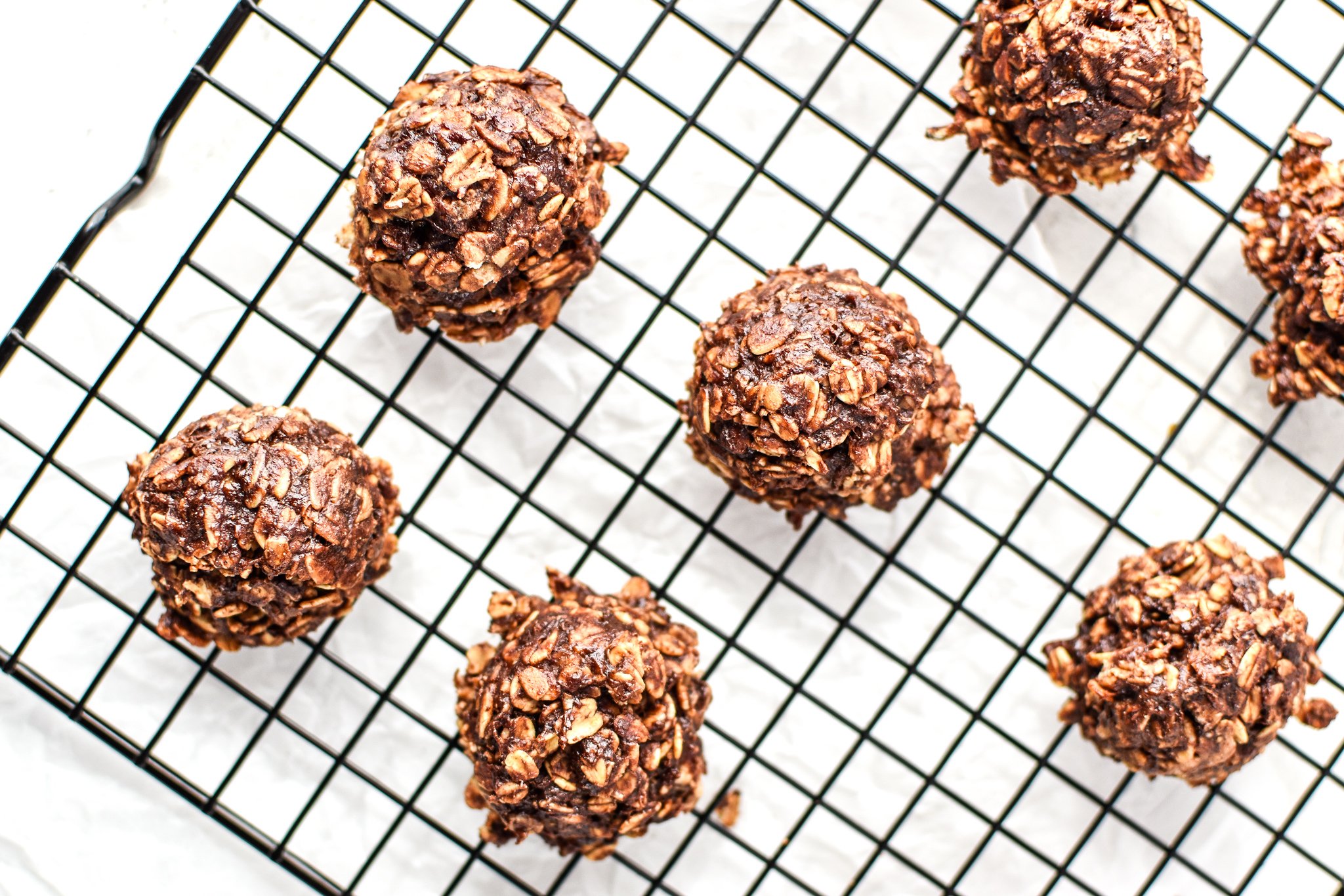 Banana Chocolate Oatmeal Cookie Mounds just baked and cooling on a cooling rack.