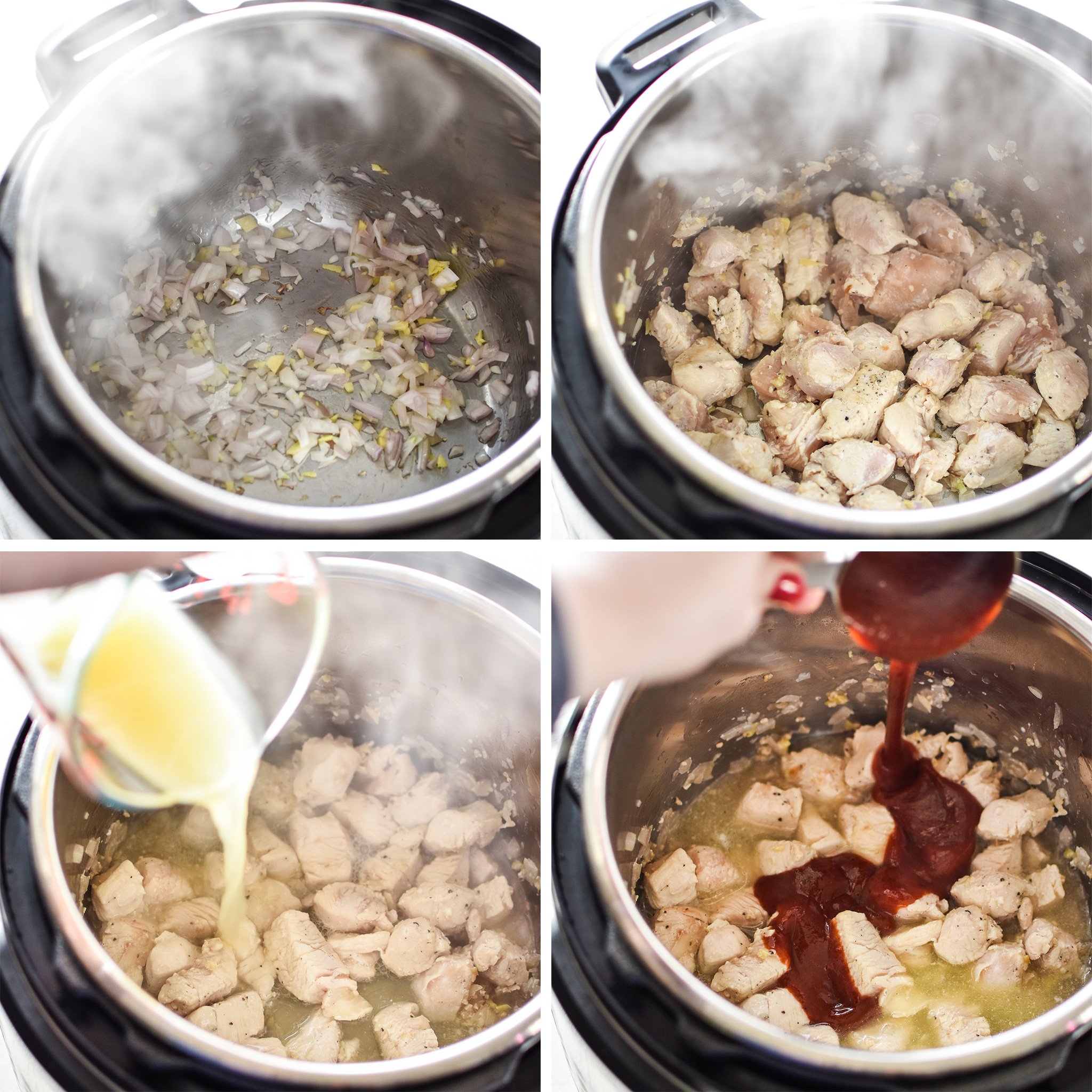 Four photos of the first steps to make the Sweet Ginger BBQ Chicken.
