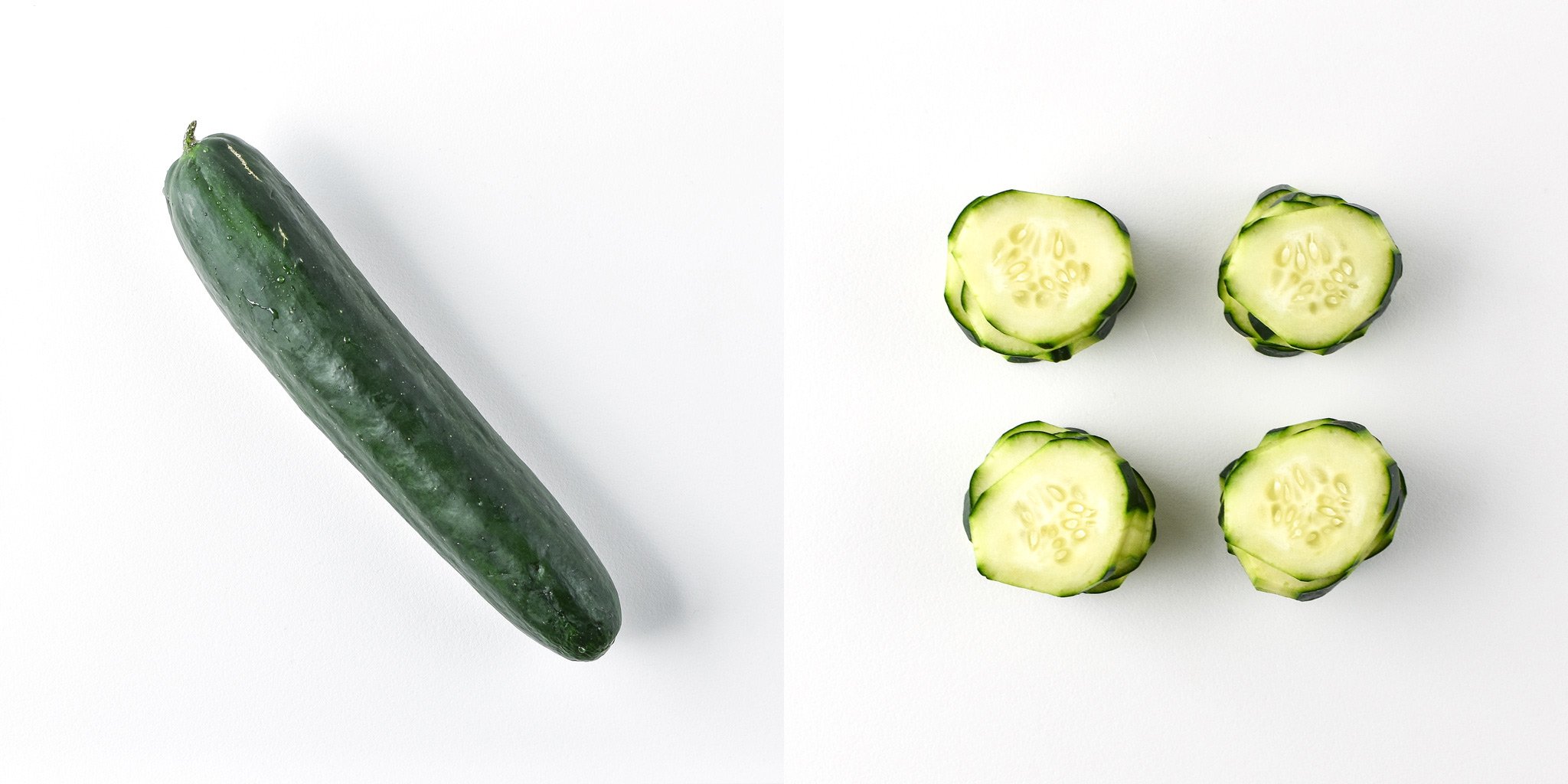 Cucumbers before and after preparing and portioning.