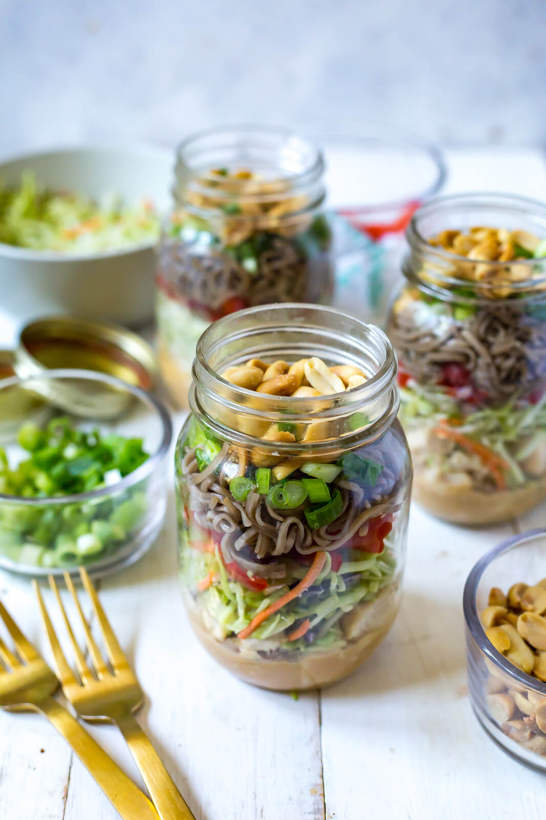 Chicken soba noodle salad in mason jars are a great no cook meal prep option (use rotisserie chicken).