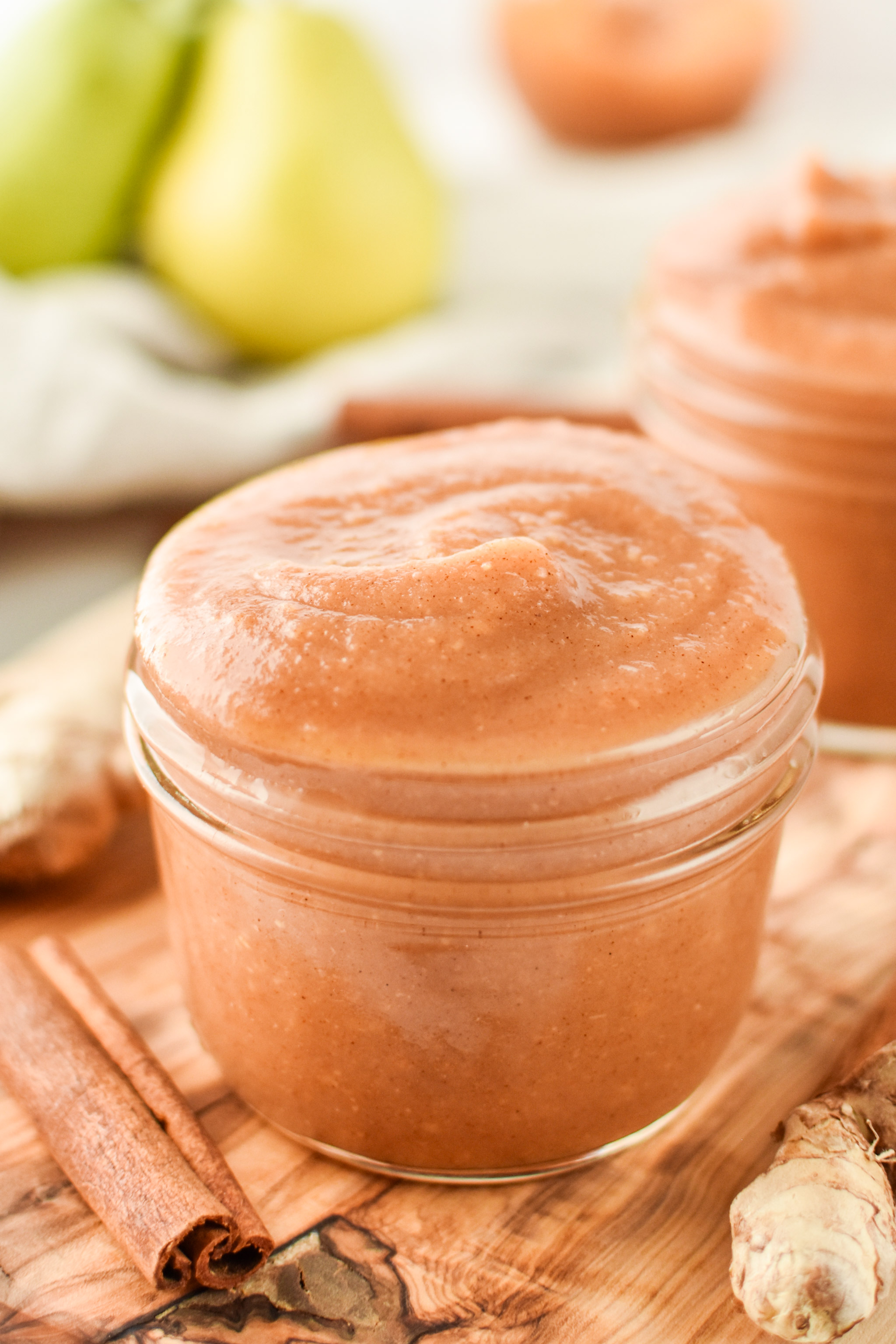 A jar of Ginger Pear Cinnamon Applesauce