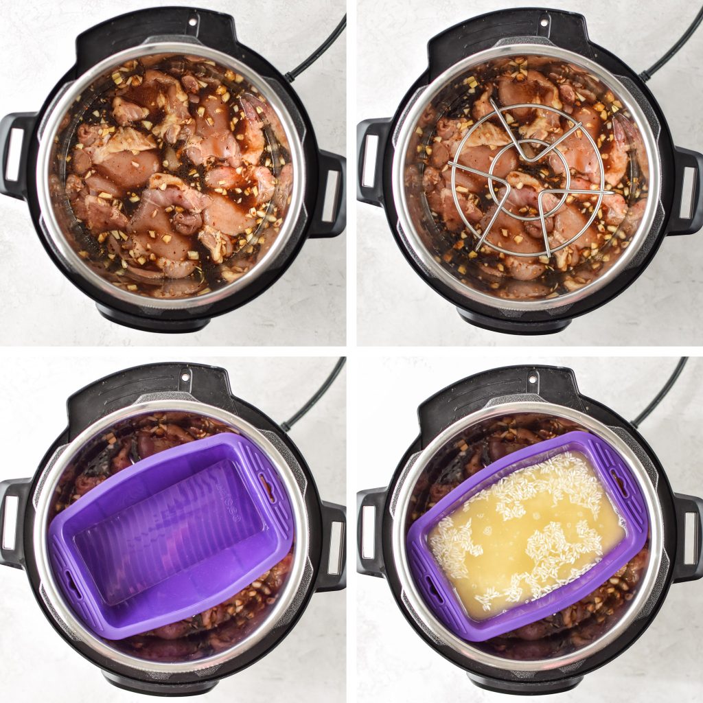 pot in pot instant pot setup with chicken and rice.