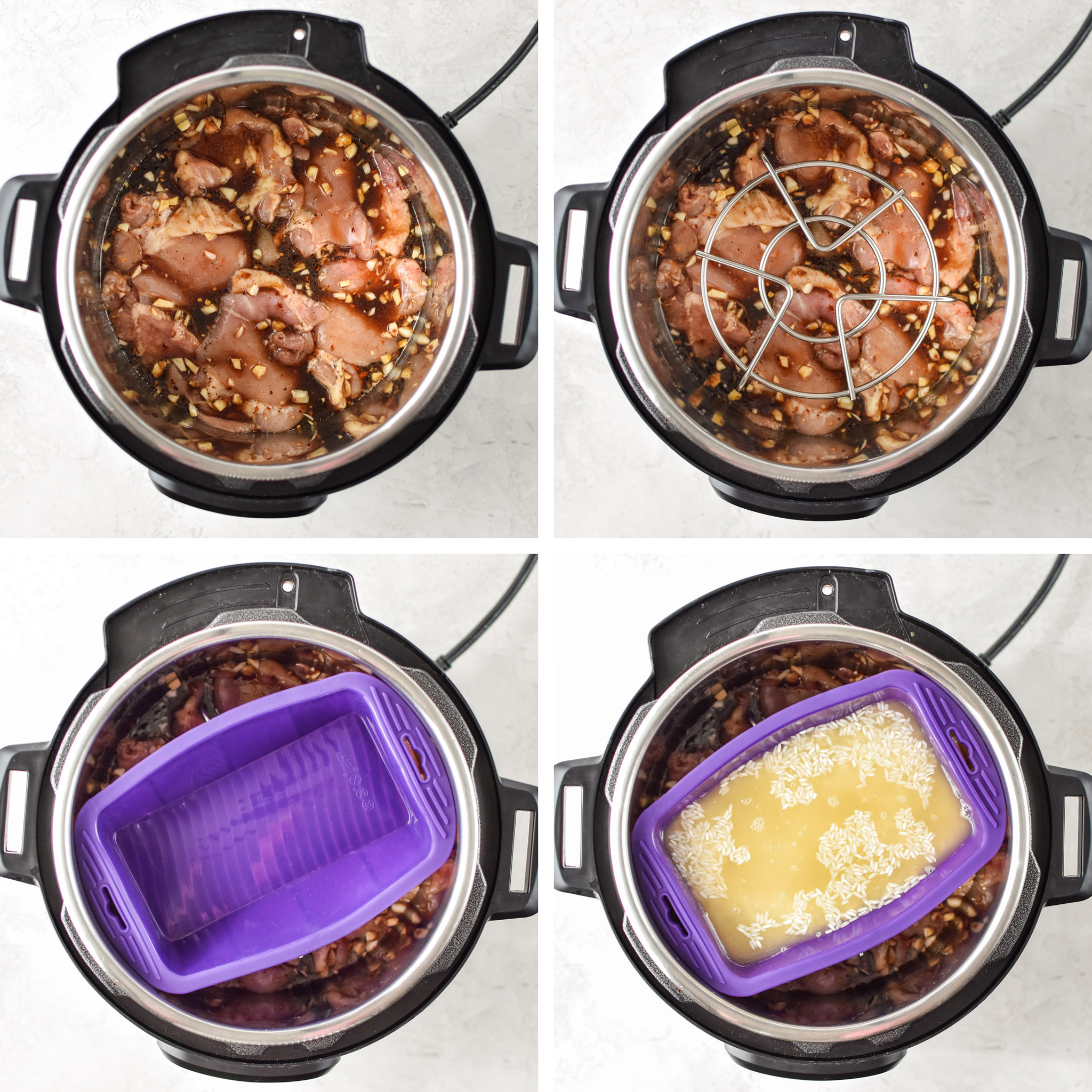 Four steps to pot in pot cooking method for the instant pot honey garlic chicken meal prep bowls