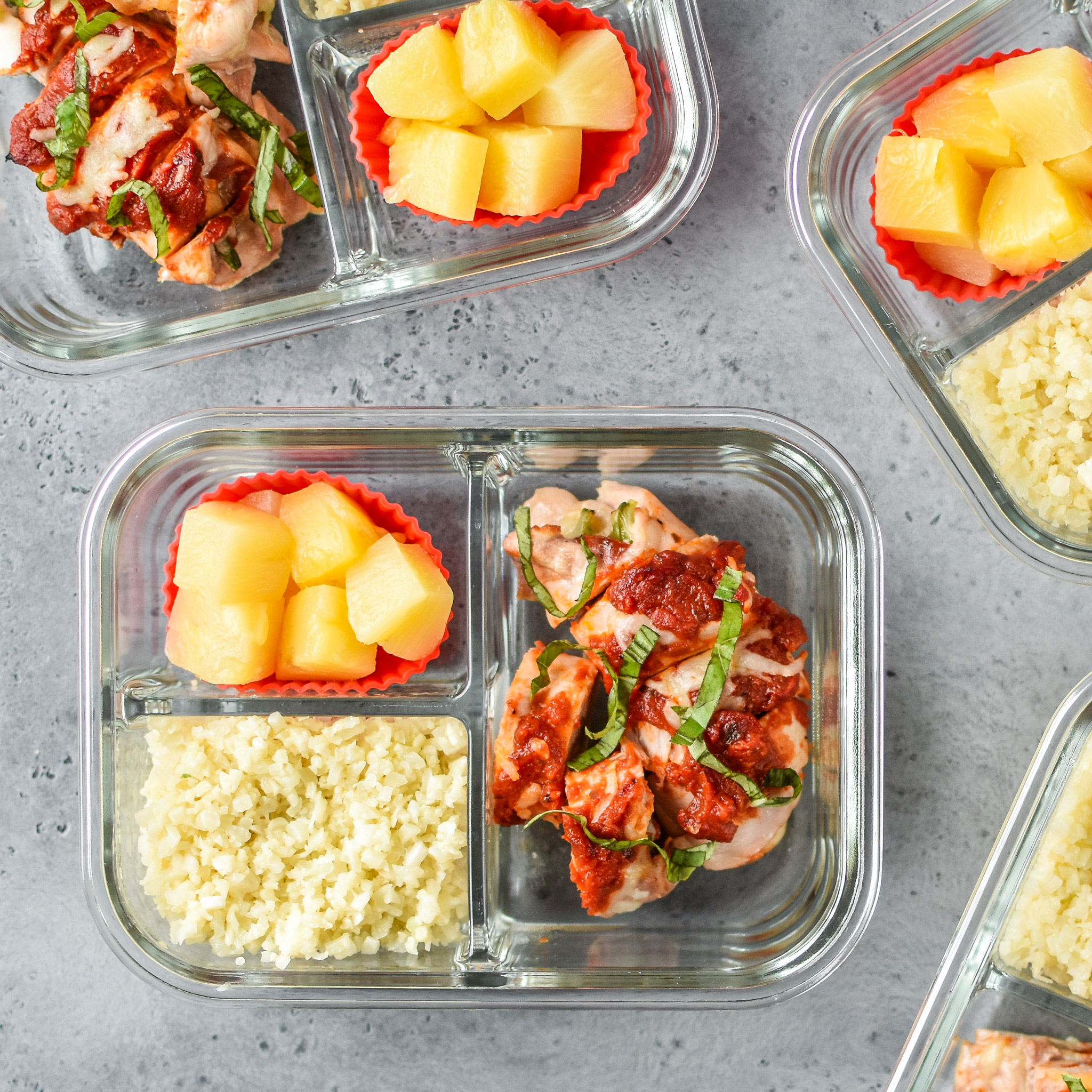 Pizza Chicken Roll Ups Meal prep with chicken, parmesan cauliflower rice and pineapple!