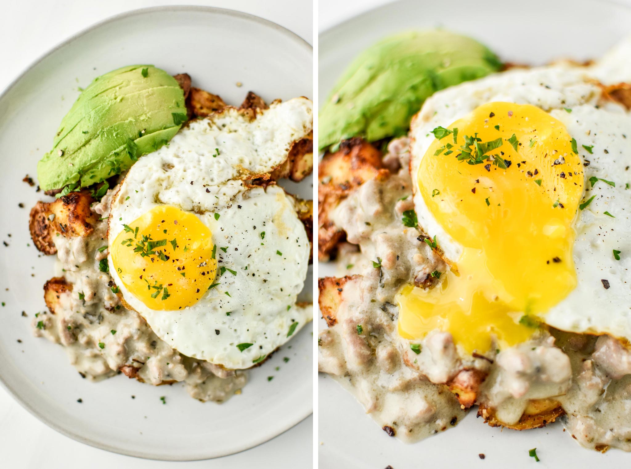 Sausage breakfast gravy pictured over roasted breakfast potatoes with avocado and a fried egg.