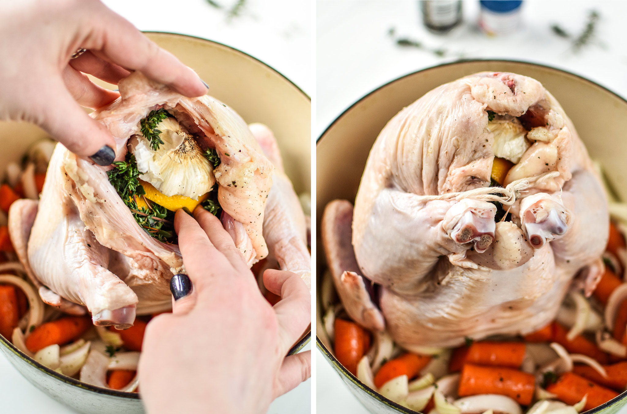 Stuffing the cavity of the chicken for the Simple Whole Roast Chicken recipe.
