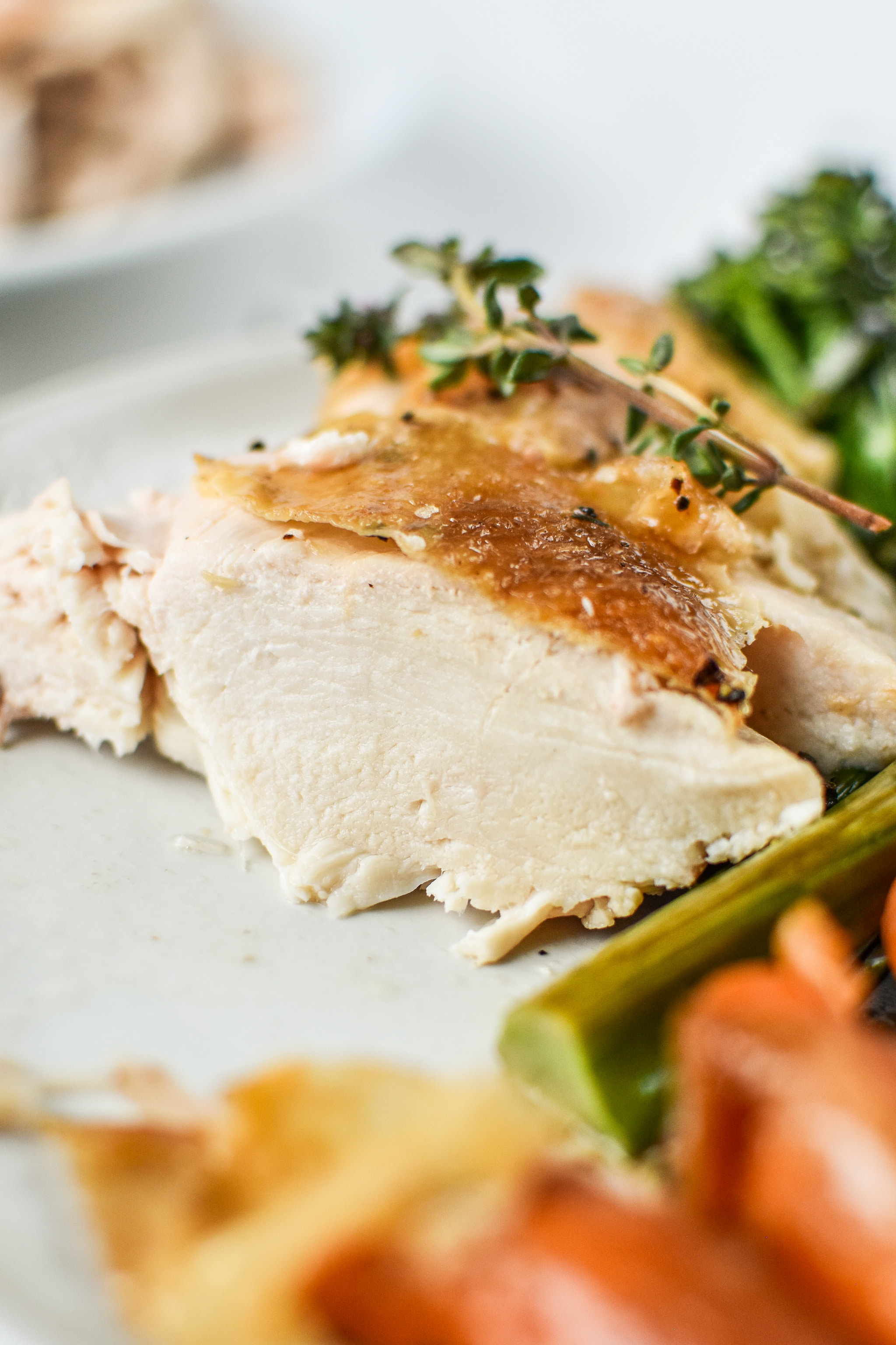 Chicken breast perfectly cooked from the simple whole roast chicken.