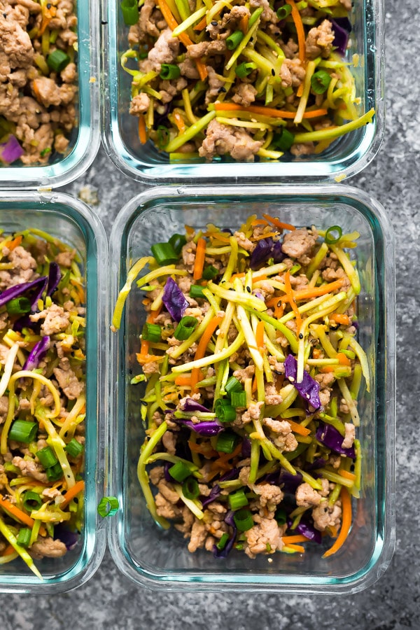 Egg Roll in a Bowl meal prepped into portions in glass containers. Meal Prep Lunch Recipes