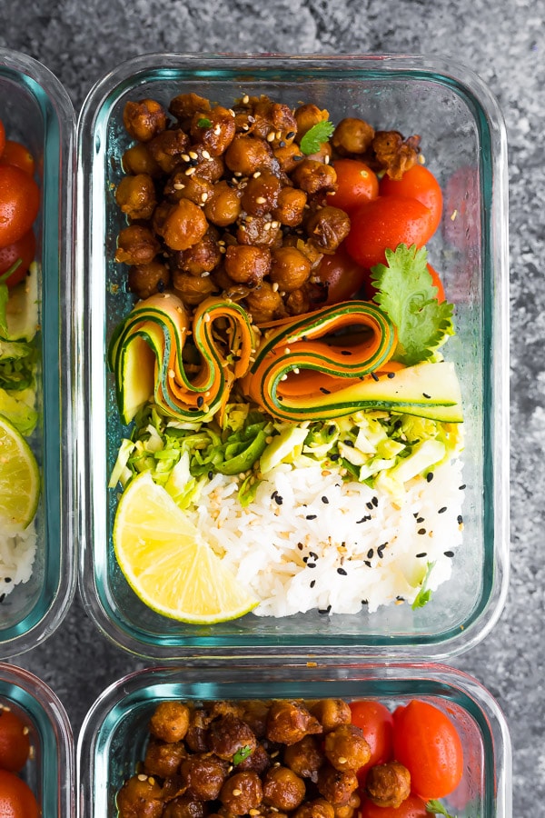Korean Chickpea Bento Bowls are a great meal prep lunch option. Chickpeas, veggies and rice.