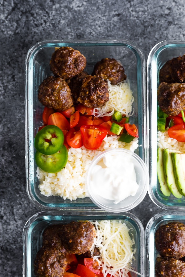 Low Carb Meatball Burrito Bowls portioned in meal prep containers. Meal Prep Lunch Recipes