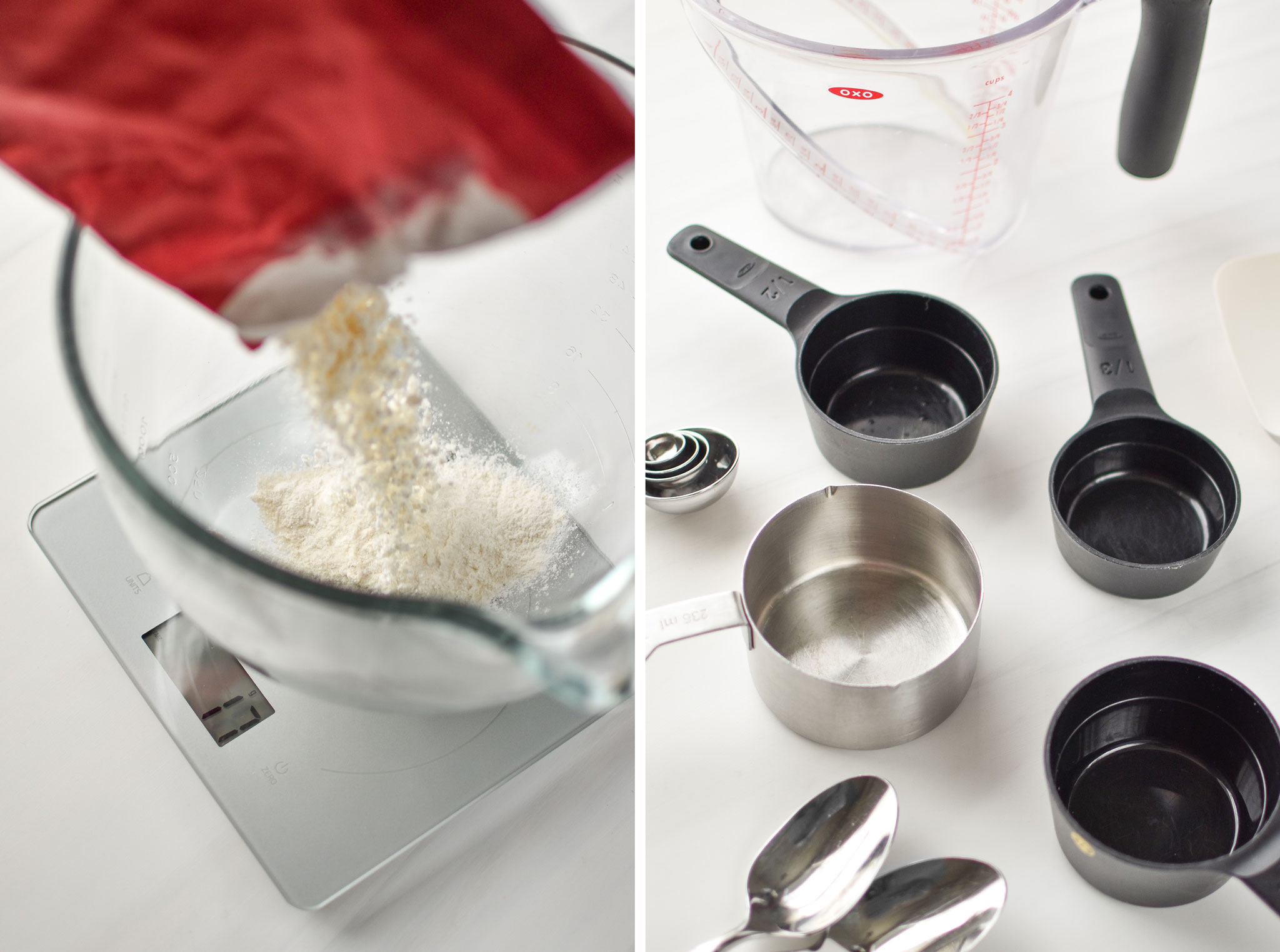 Pouring flour from the bag into a bowl on a scale instead of using measuring cups.