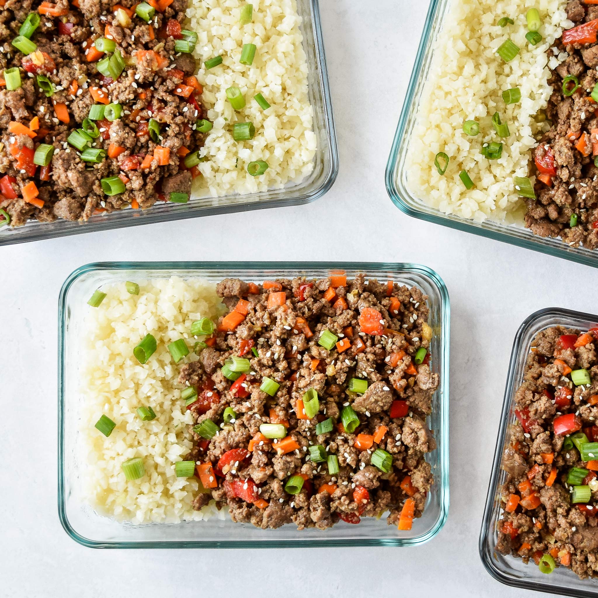 Whole30 Ginger Ground Beef Meal Prep Bowls in 30 cup pyrex containers