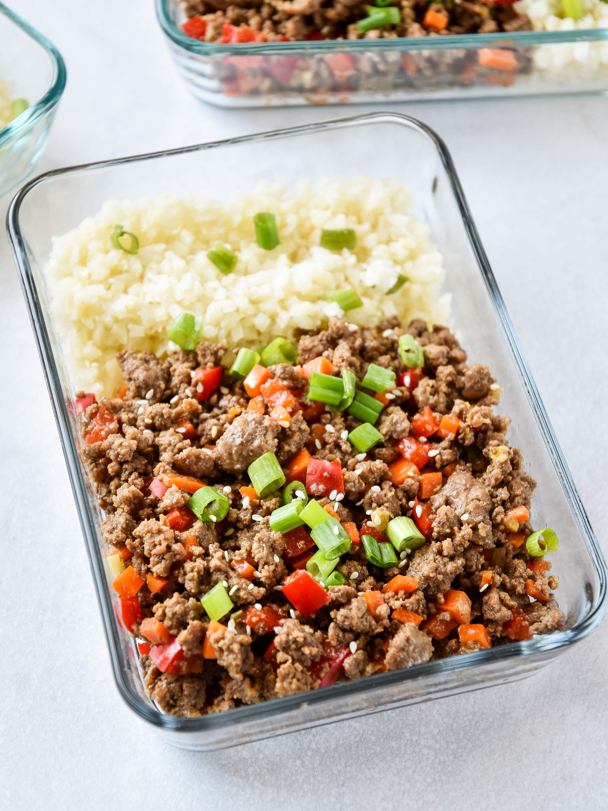 Meal prep Ginger Ground Beef Bowls Whole30 and paleo in a pyrex meal prep container