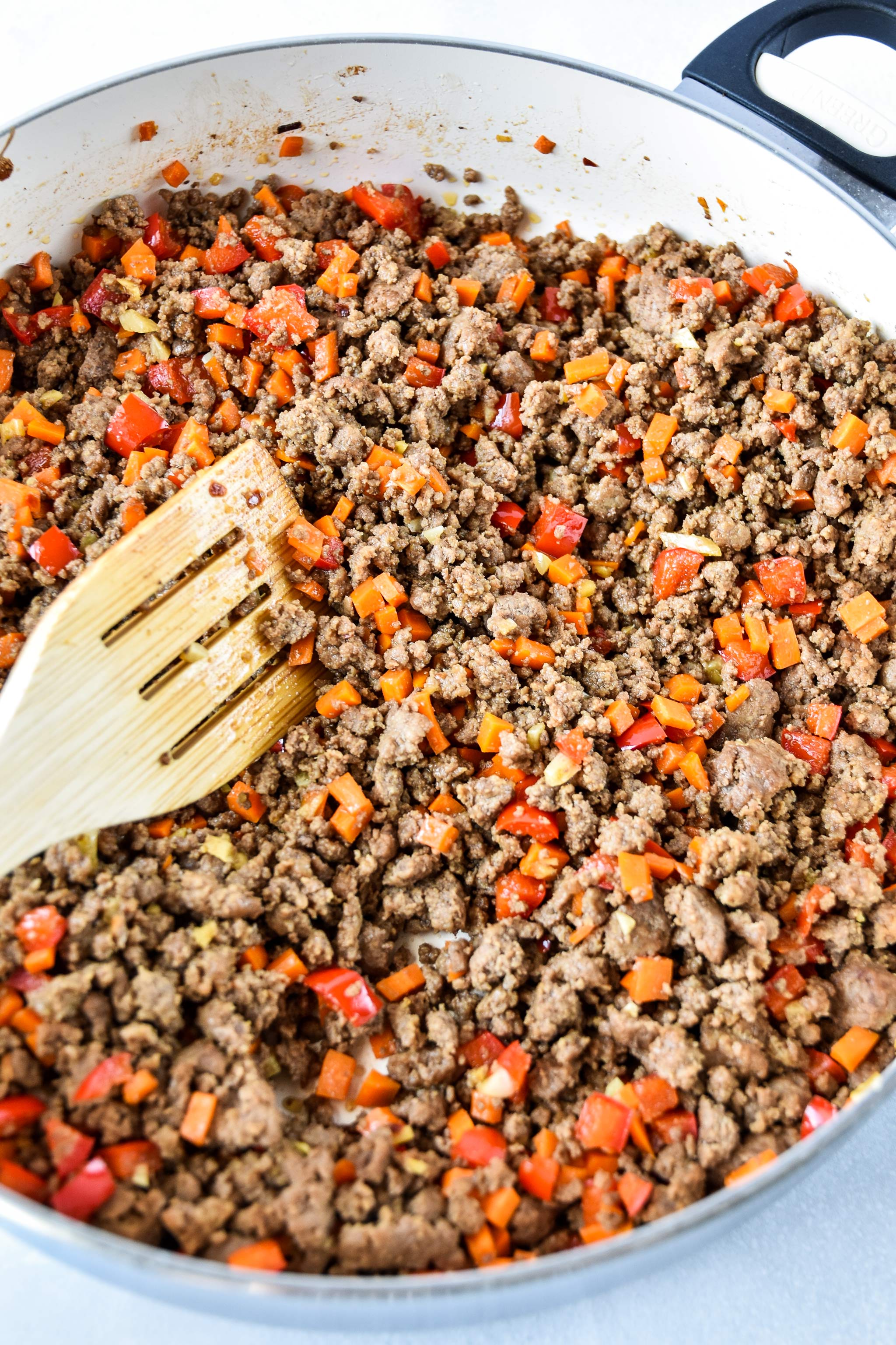ginger ground beef bowls cooked in a skillet