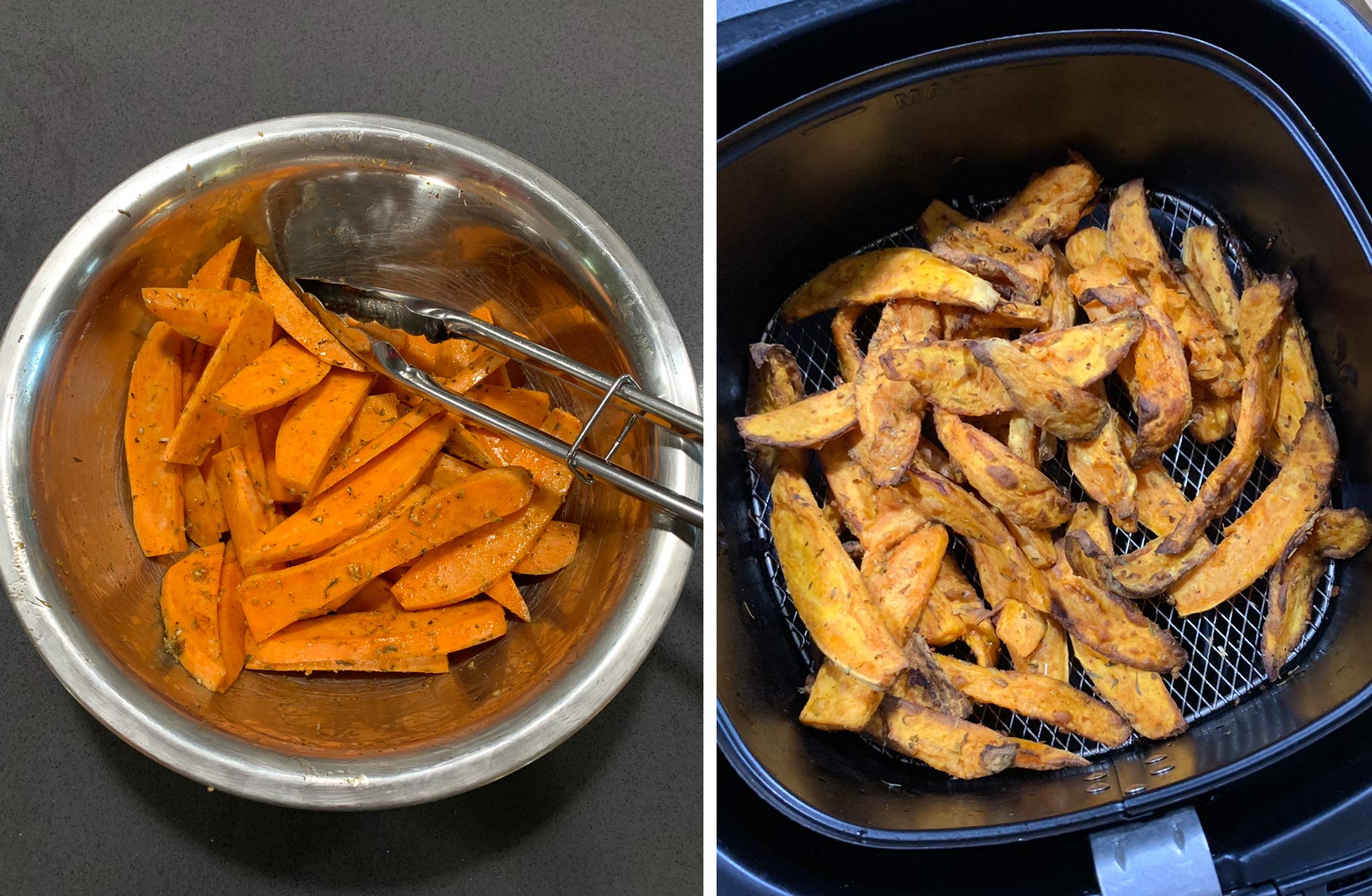 sweet potato fries cooked in the air fryer - one of the first air fryer recipes I tried