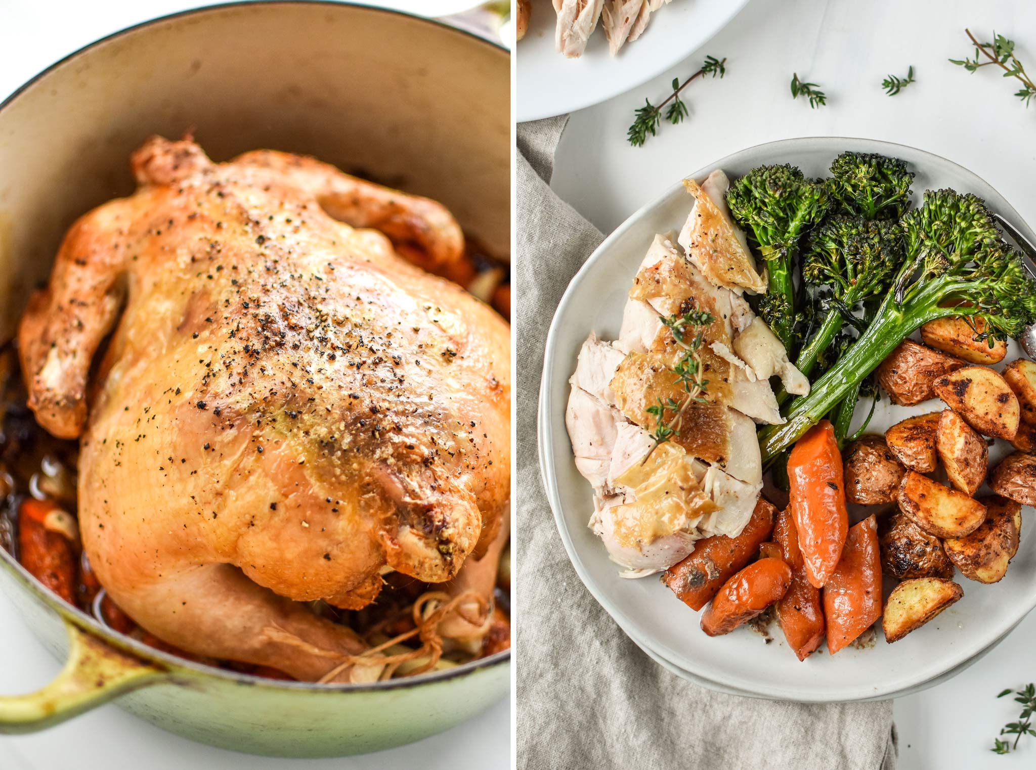 simple whole roast chicken with veggies is a great whole30 dinner recipe that makes excellent leftovers