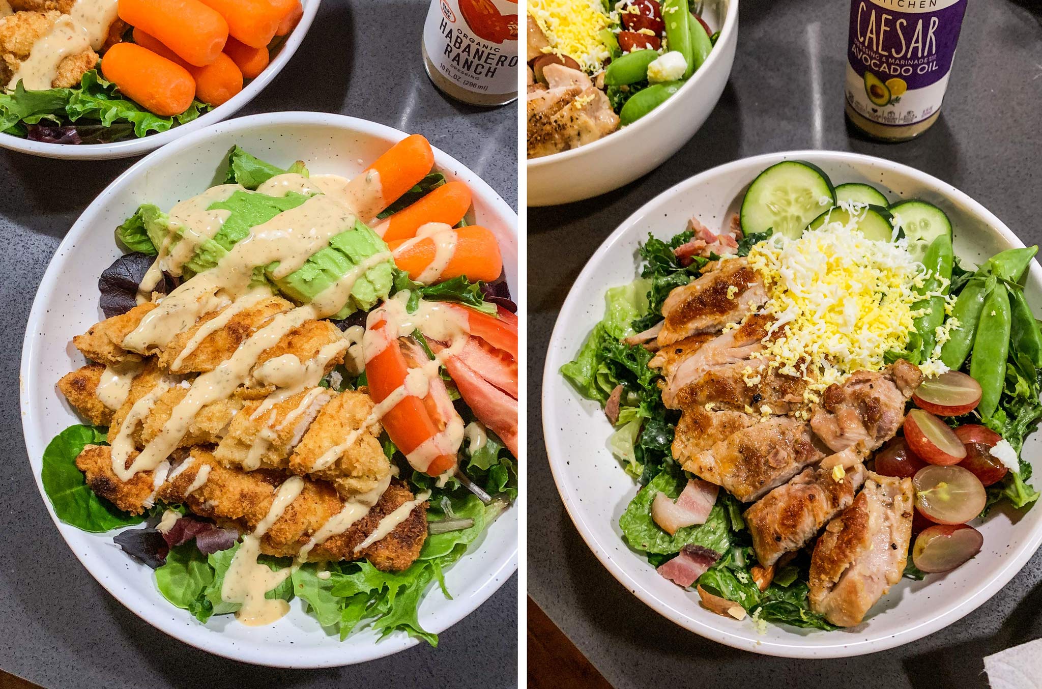 Examples of B.A.S. Big ass salads with mixed greens, lots of veggies, protein, and dressing