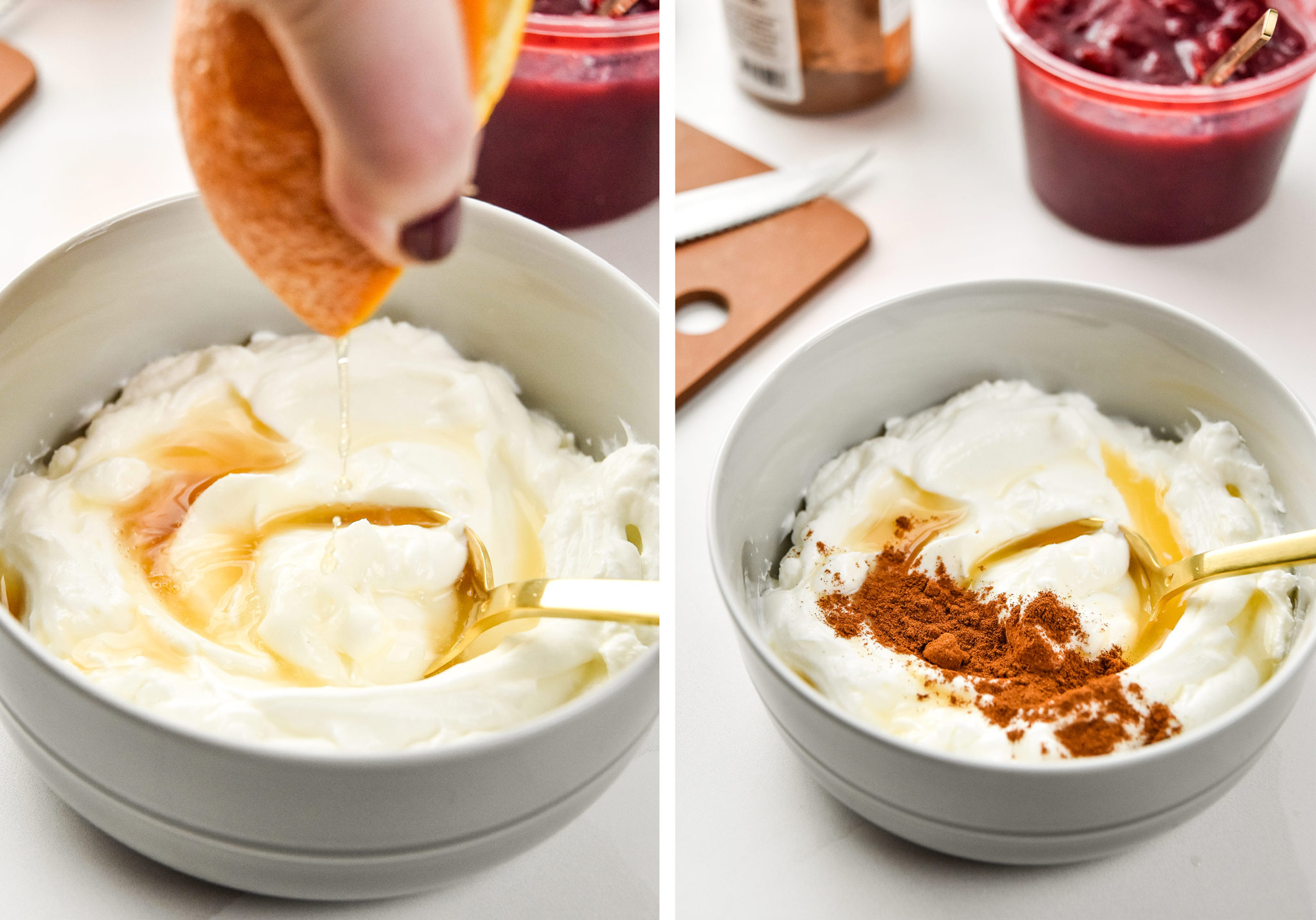 collage of adding orange juice and cinnamon to the cranberry yogurt parfaits