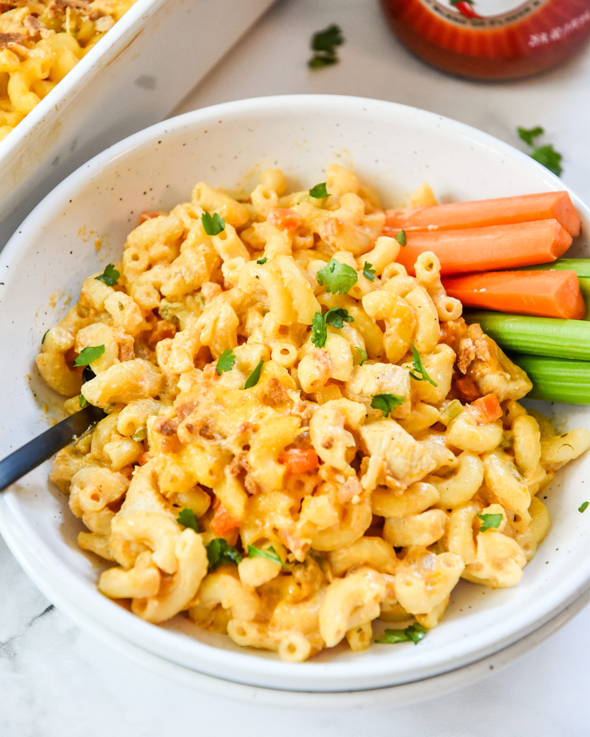 buffalo chicken mac and cheese with a fork