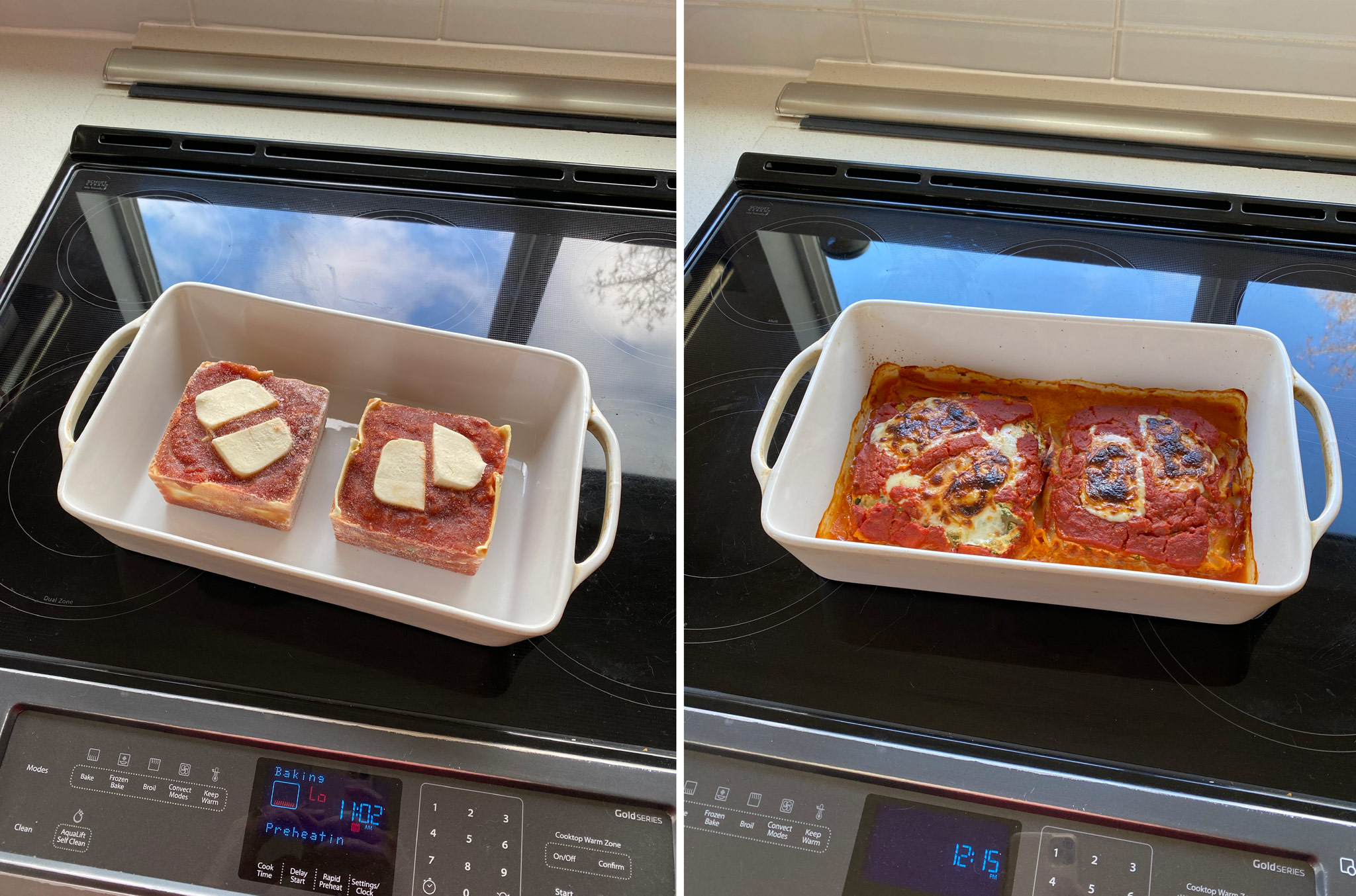 lasagna reheated in the oven before and after.