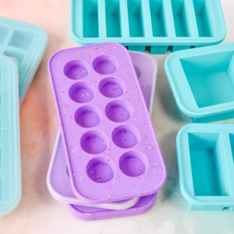purple and blue souper cubes trays on a counter.