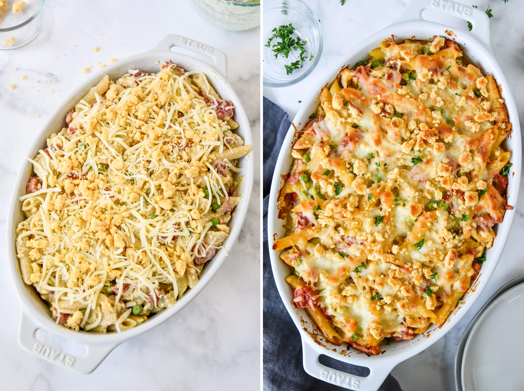 before and after baking the creamy pesto pasta chicken bake dish.