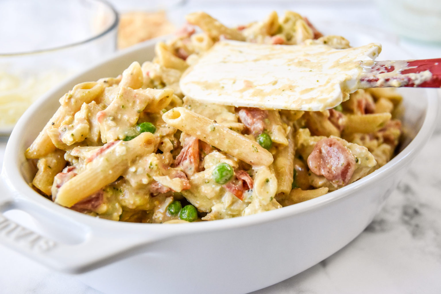 Creamy Pesto Pasta Chicken Bake With Peas - Project Meal Plan